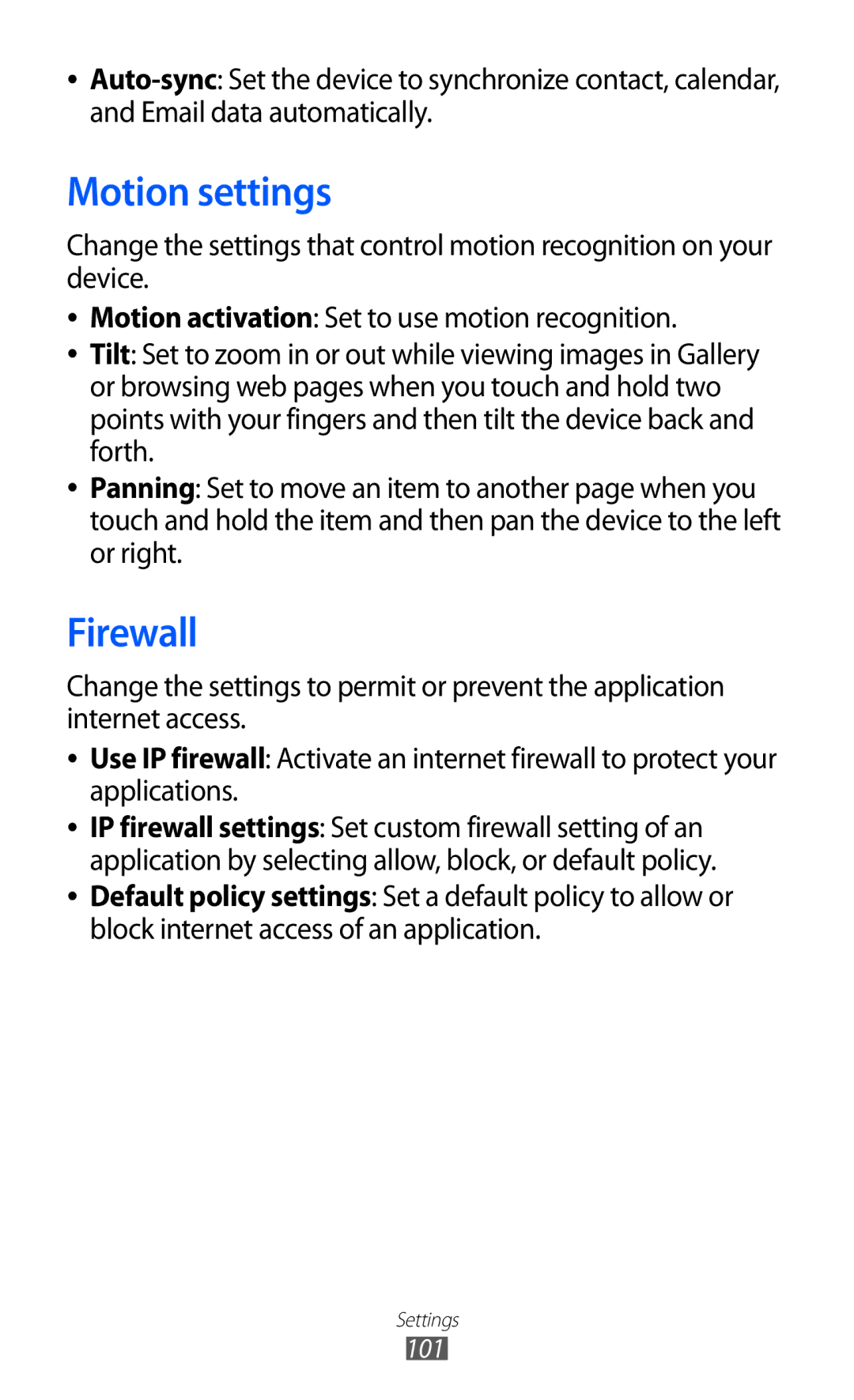 Samsung GT-P7310UWAABS, GT-P7310FKEKSA, GT-P7310FKAKSA, GT-P7310FKEJED, GT-P7310UWAKSA manual Motion settings, Firewall 