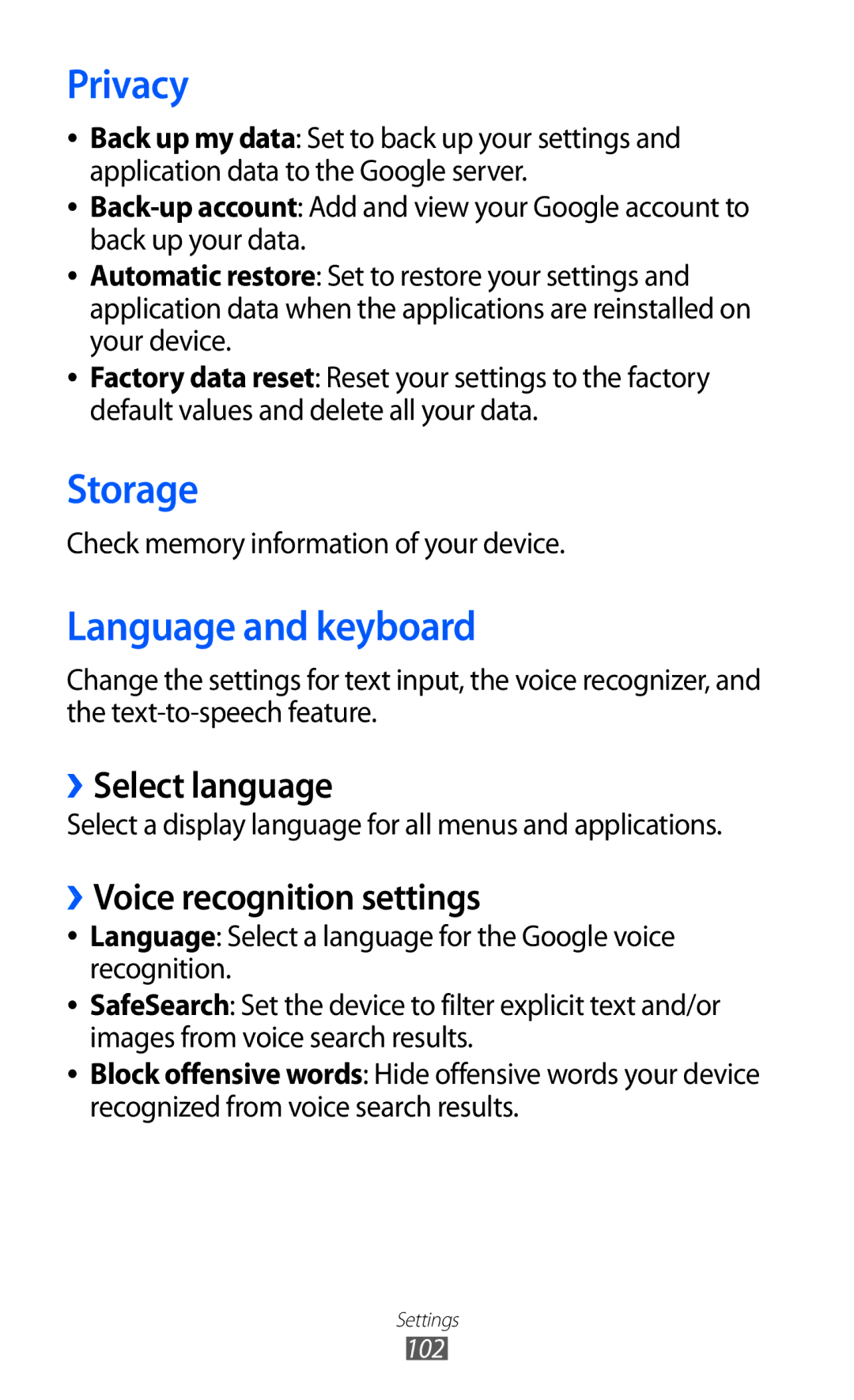 Samsung GT-P7310FKAXSG manual Privacy, Storage, Language and keyboard, ››Select language, ››Voice recognition settings 