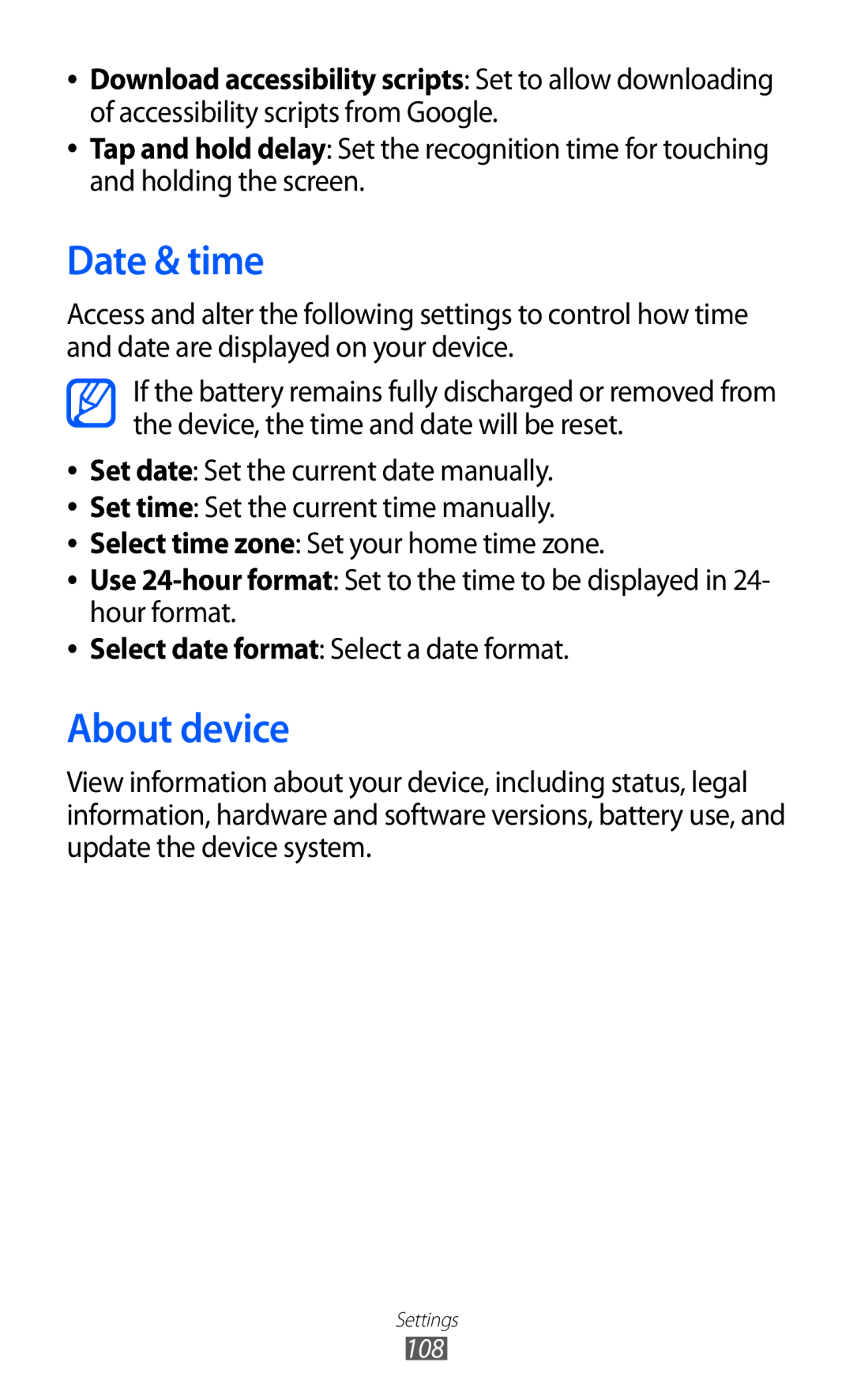 Samsung GT-P7310FKAXXV, GT-P7310FKEKSA, GT-P7310FKAKSA, GT-P7310FKEJED, GT-P7310UWAKSA manual Date & time, About device 