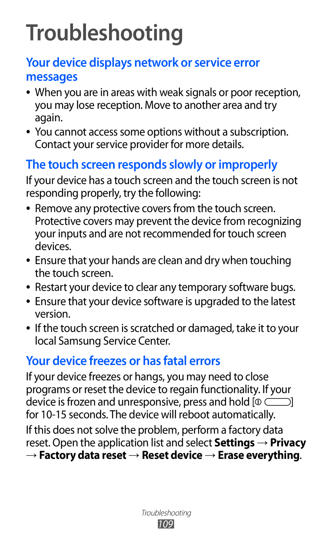 Samsung GT-P7310FKAXEV, GT-P7310FKEKSA manual Troubleshooting, Your device displays network or service error messages 