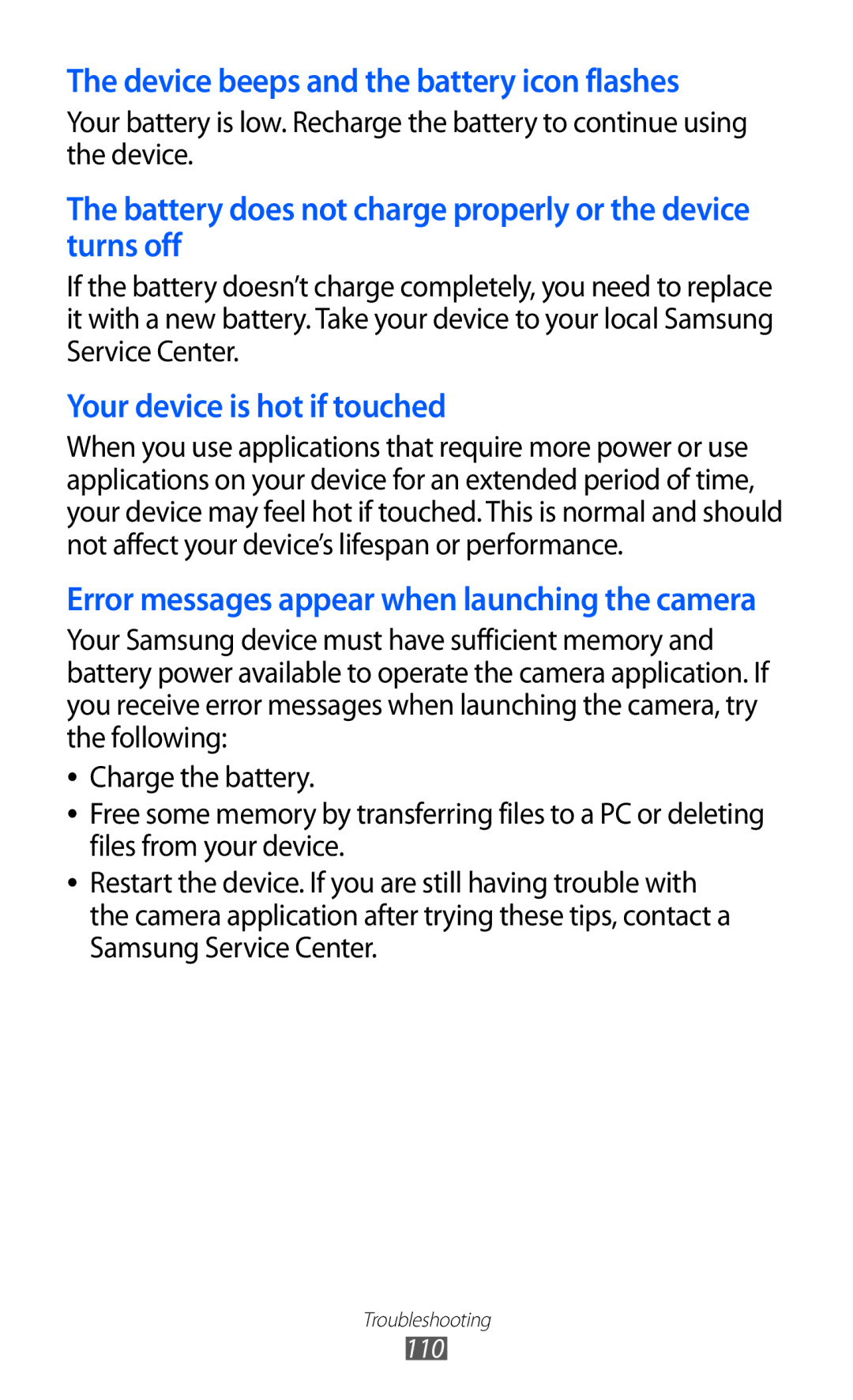 Samsung GT-P7310UWAXEV, GT-P7310FKEKSA, GT-P7310FKAKSA, GT-P7310FKEJED manual Device beeps and the battery icon flashes 