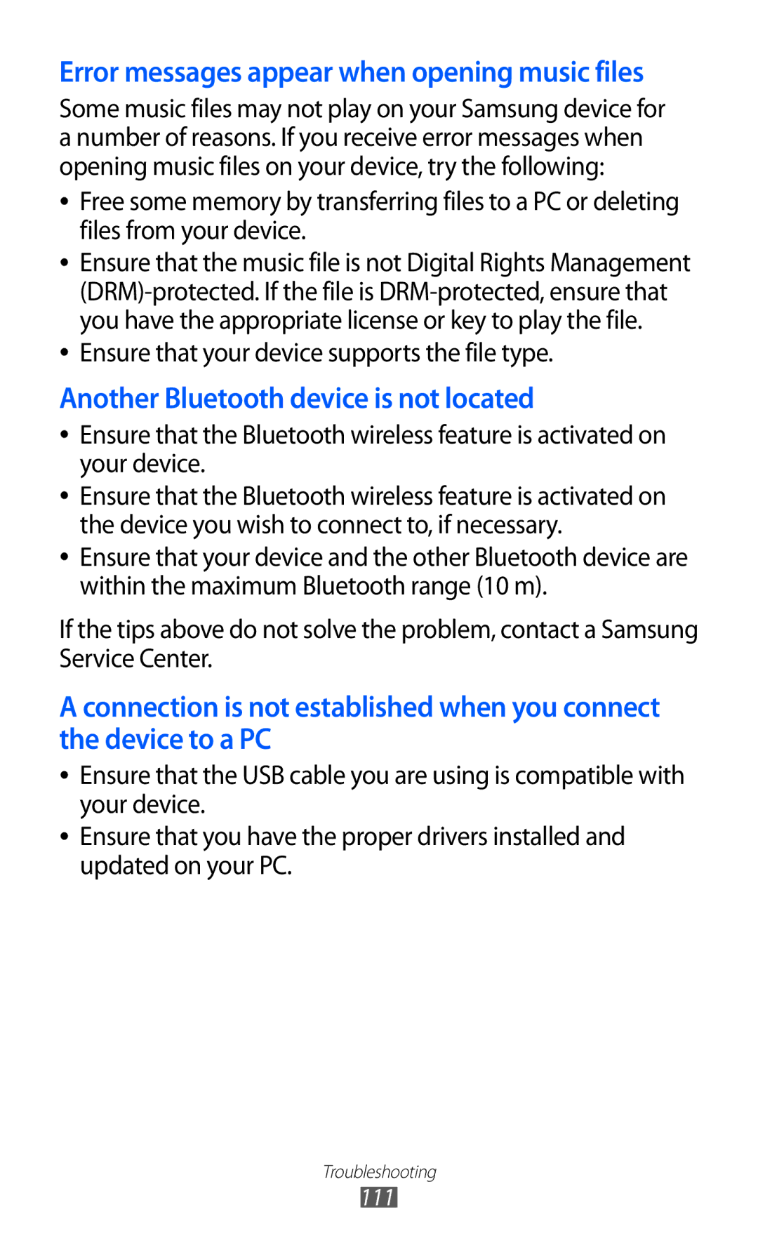 Samsung GT-P7310UWAXXV, GT-P7310FKEKSA, GT-P7310FKAKSA, GT-P7310FKEJED manual Another Bluetooth device is not located 