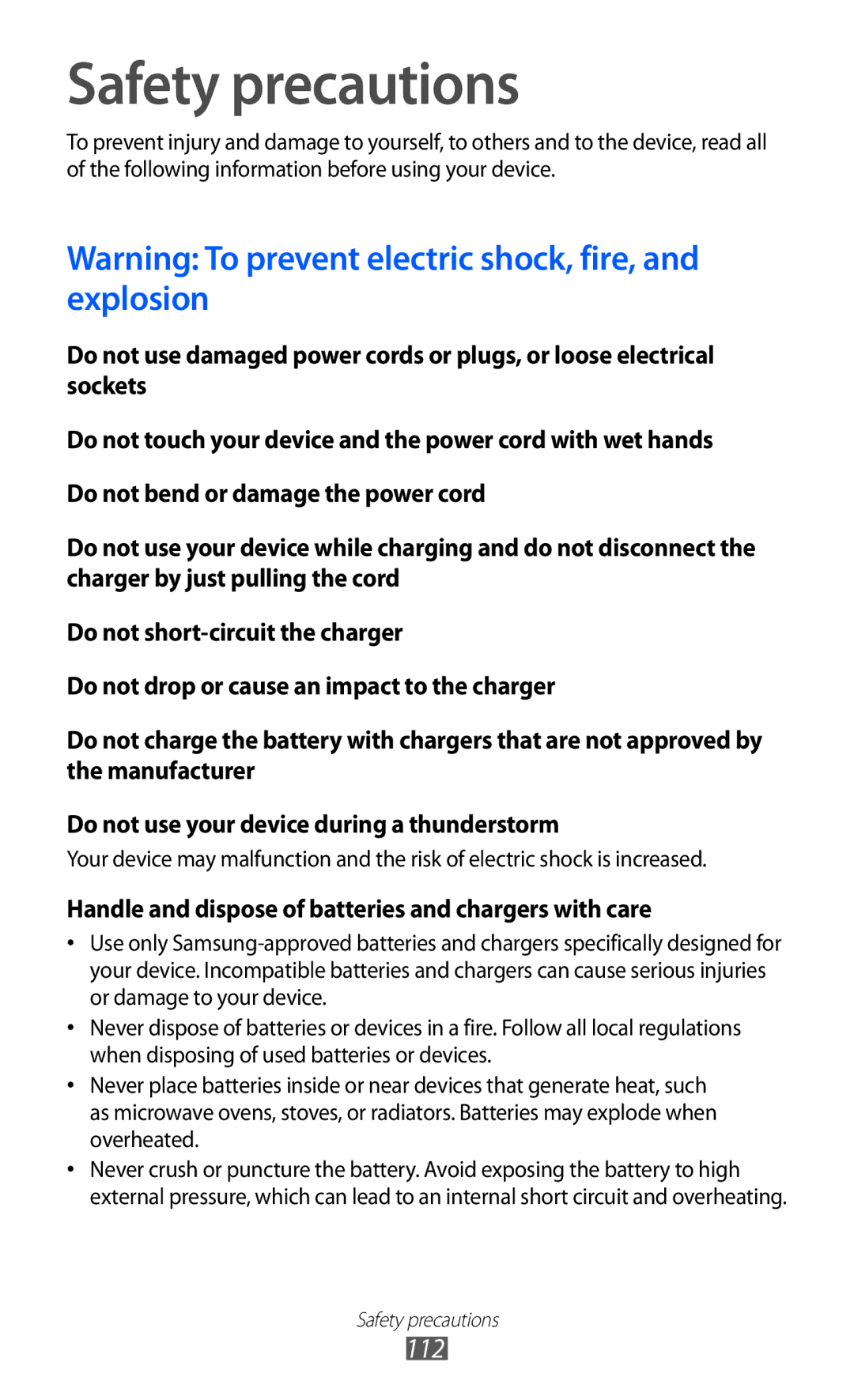 Samsung GT-P7310FKAILO, GT-P7310FKEKSA manual Safety precautions, Handle and dispose of batteries and chargers with care 