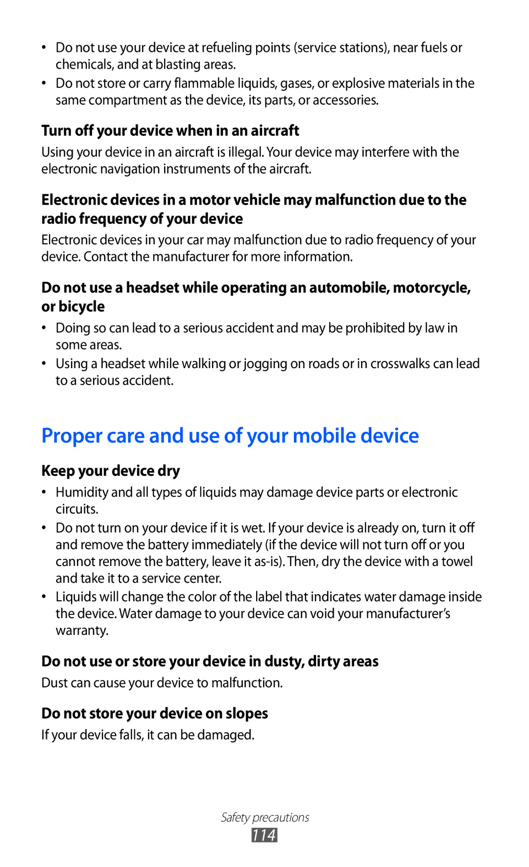 Samsung GT-P7310FKEKSA, GT-P7310FKAKSA, GT-P7310FKEJED, GT-P7310UWAKSA manual Proper care and use of your mobile device 