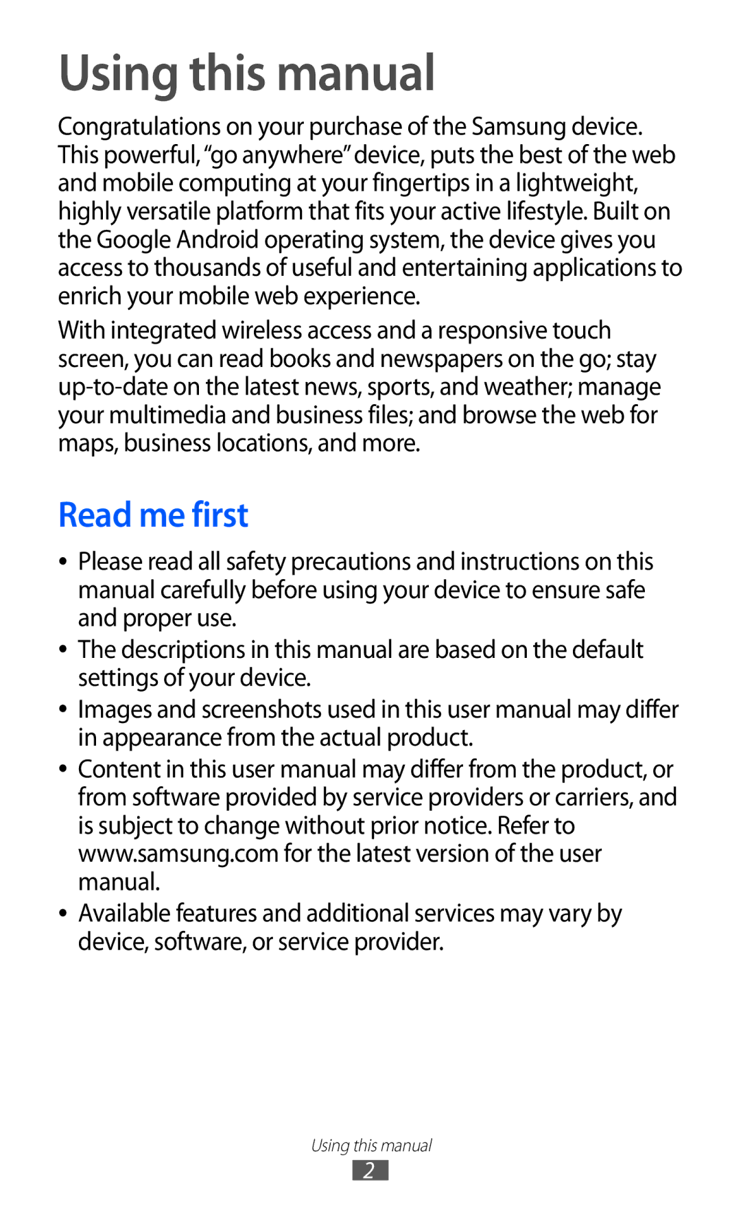 Samsung GT-P7310FKEJED, GT-P7310FKEKSA, GT-P7310FKAKSA, GT-P7310UWAKSA, GT-P7310FKAJED Using this manual, Read me first 