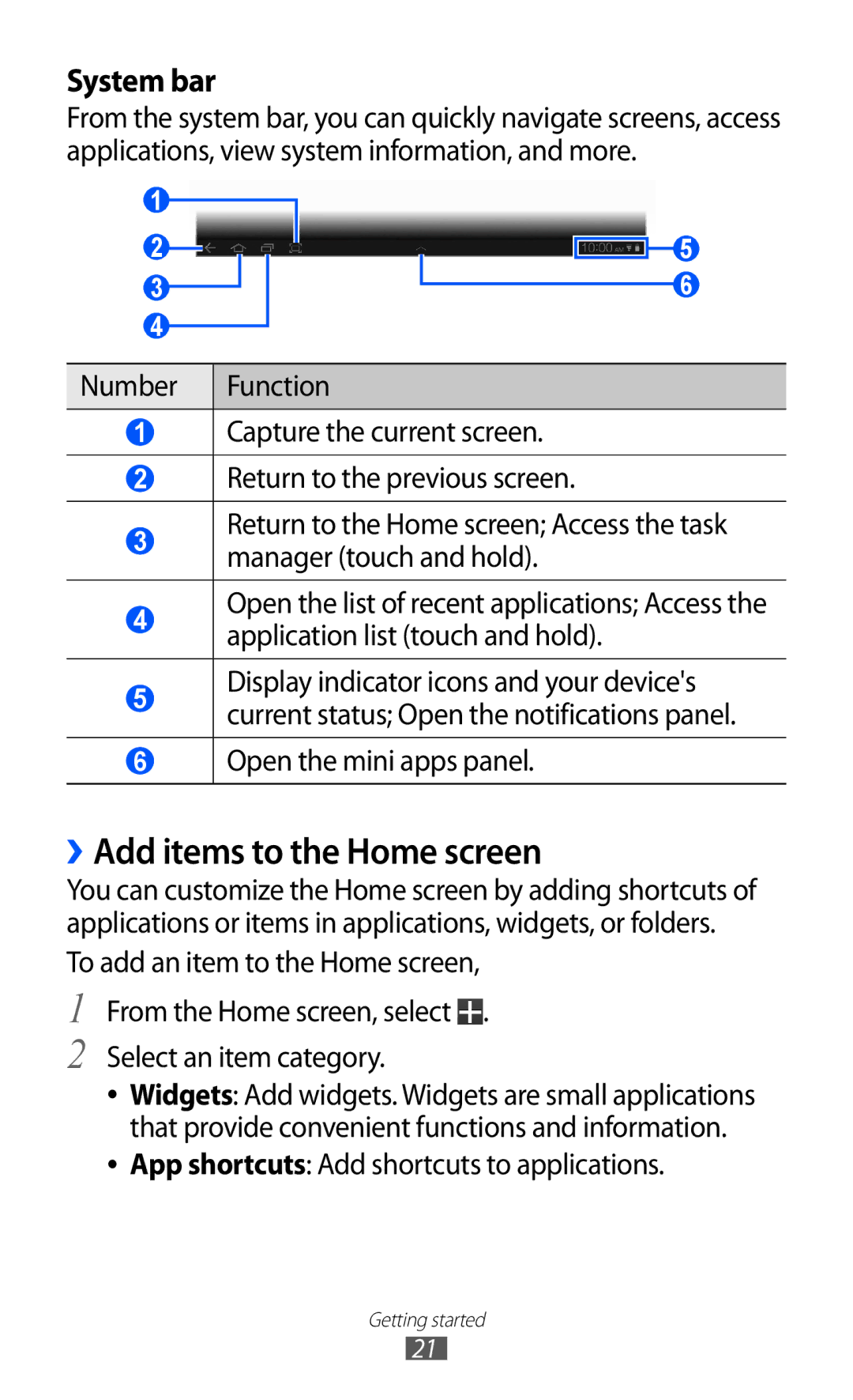 Samsung GT-P7310FKEJED, GT-P7310FKEKSA, GT-P7310FKAKSA, GT-P7310UWAKSA manual ››Add items to the Home screen, System bar 