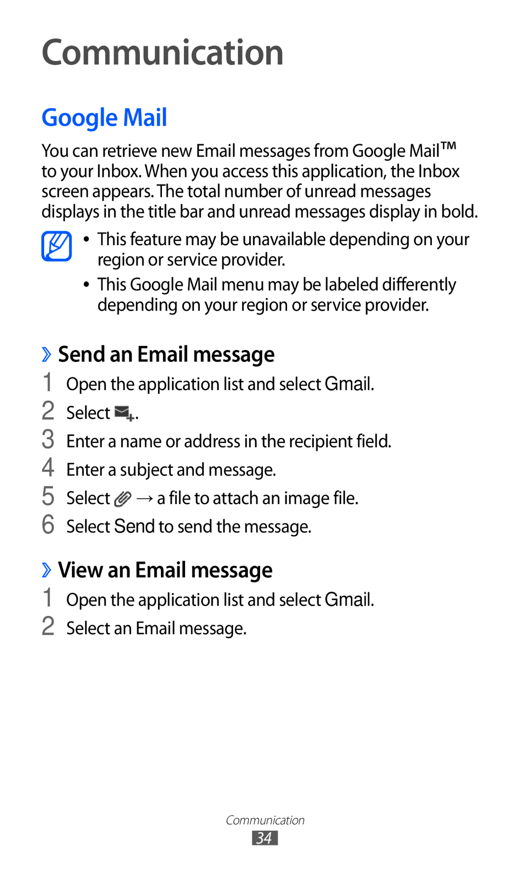 Samsung GT-P7310UWAXEV, GT-P7310FKEKSA manual Communication, Google Mail, ››Send an Email message, ››View an Email message 