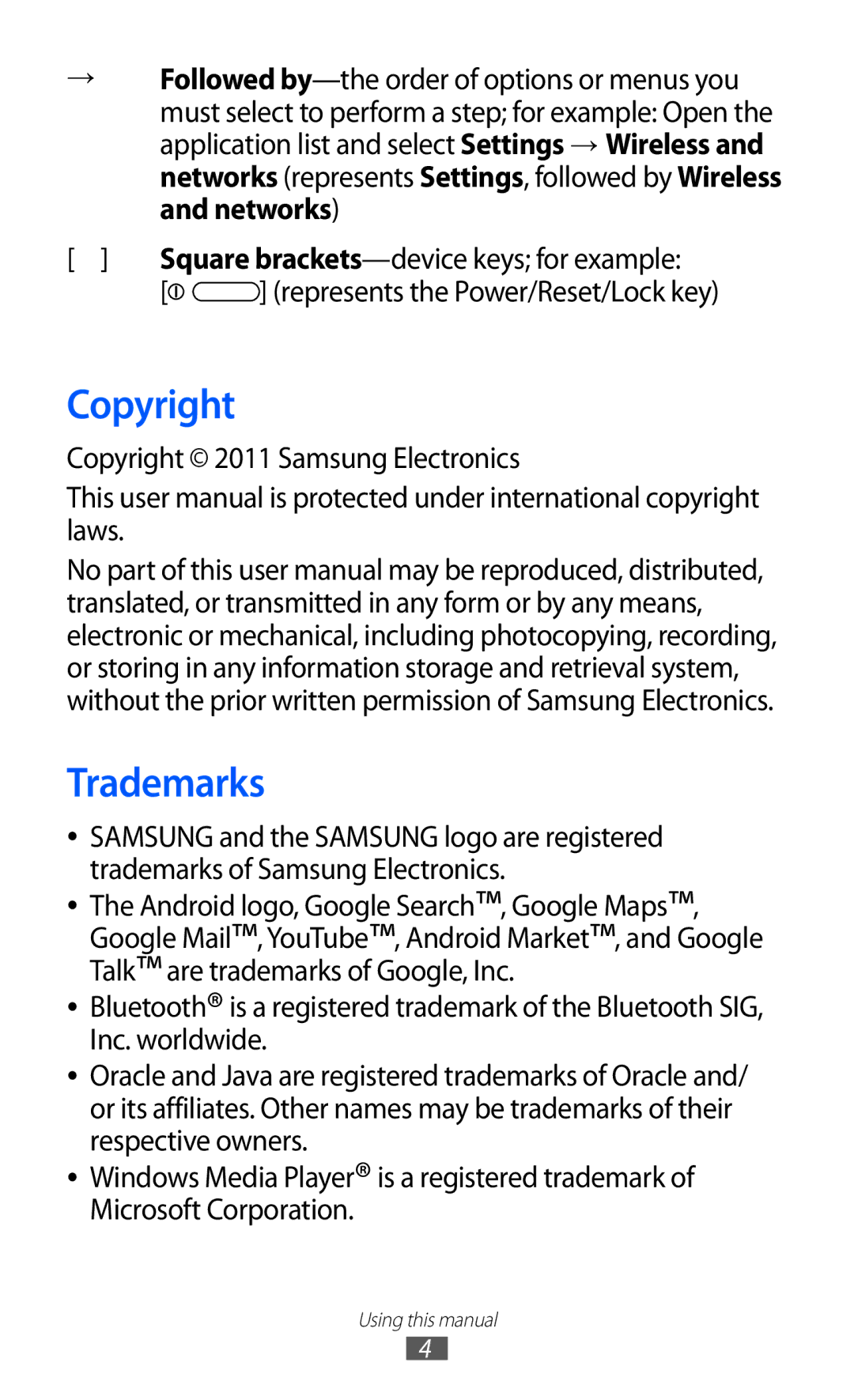 Samsung GT-P7310FKAJED, GT-P7310FKEKSA, GT-P7310FKAKSA, GT-P7310FKEJED, GT-P7310UWAKSA, GT-P7310FKATMC Copyright, Trademarks 