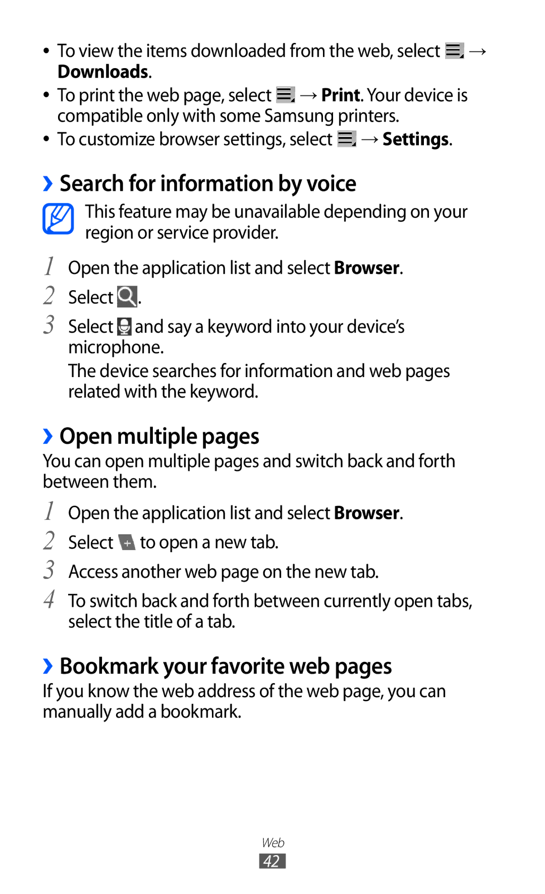 Samsung GT-P7310FKAJED manual ››Search for information by voice, ››Open multiple pages, ››Bookmark your favorite web pages 