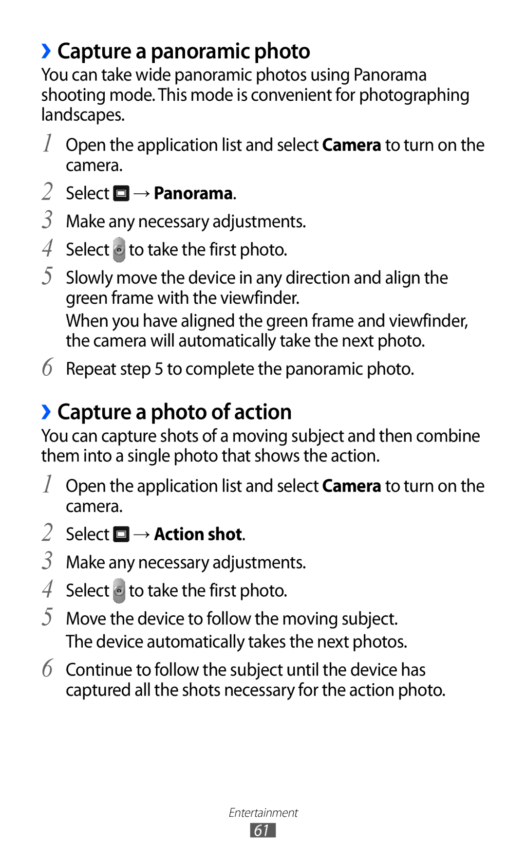 Samsung GT-P7310FKAJED, GT-P7310FKEKSA manual ››Capture a panoramic photo, ››Capture a photo of action, Select → Action shot 