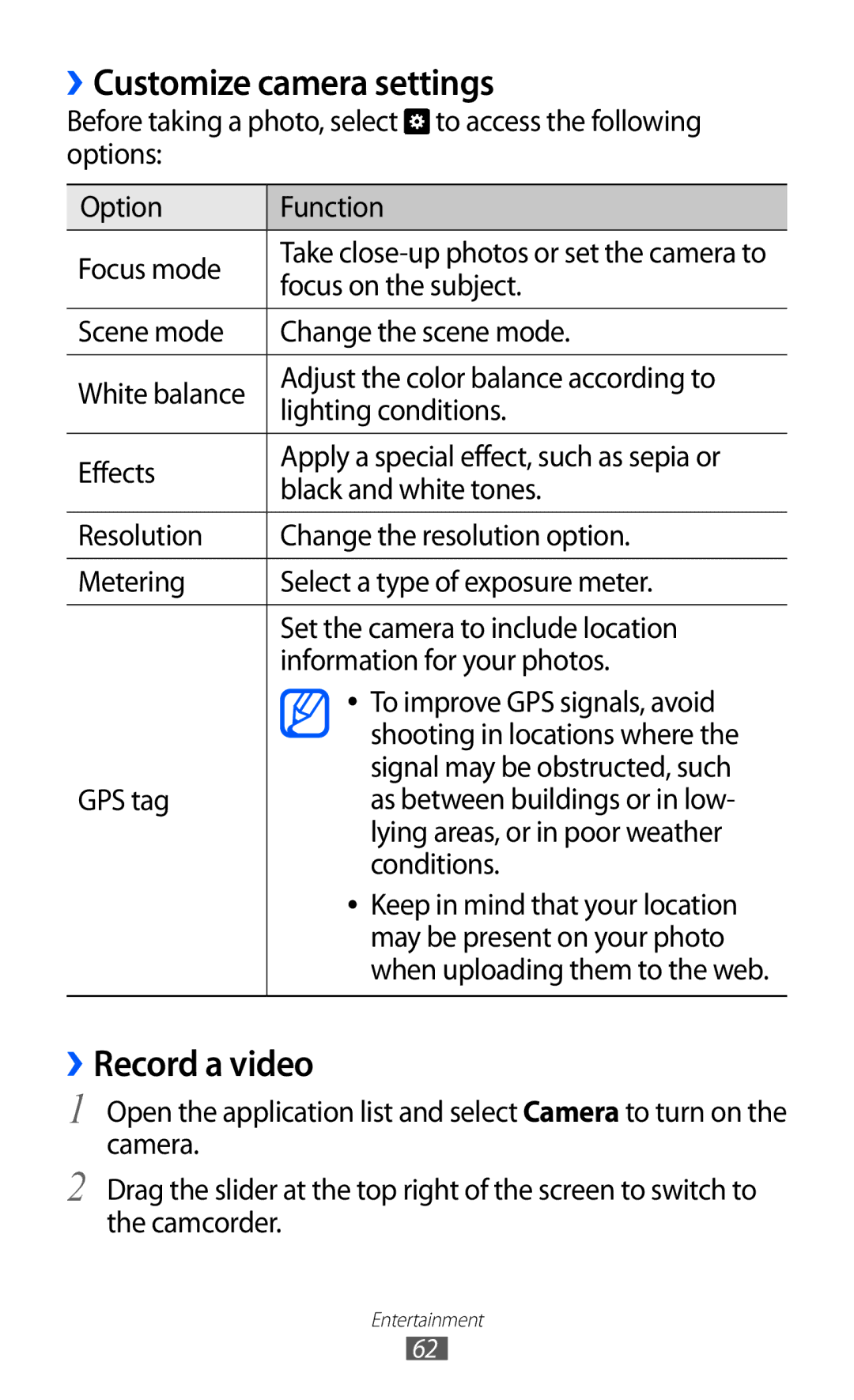 Samsung GT-P7310FKATMC, GT-P7310FKEKSA, GT-P7310FKAKSA, GT-P7310FKEJED manual ››Customize camera settings, ››Record a video 