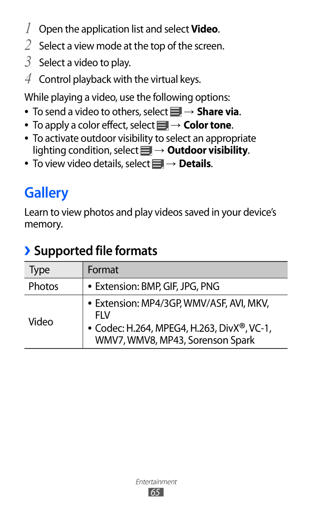 Samsung GT-P7310FKASAC, GT-P7310FKEKSA, GT-P7310FKAKSA, GT-P7310FKEJED, GT-P7310UWAKSA manual Gallery, Supported file formats 