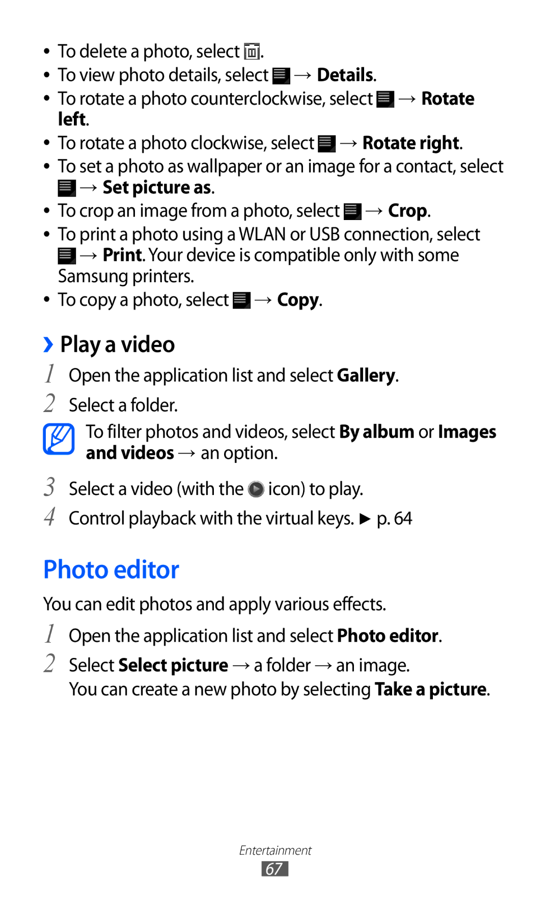 Samsung GT-P7310UWEKSA, GT-P7310FKEKSA, GT-P7310FKAKSA, GT-P7310FKEJED manual Photo editor, ››Play a video, → Set picture as 