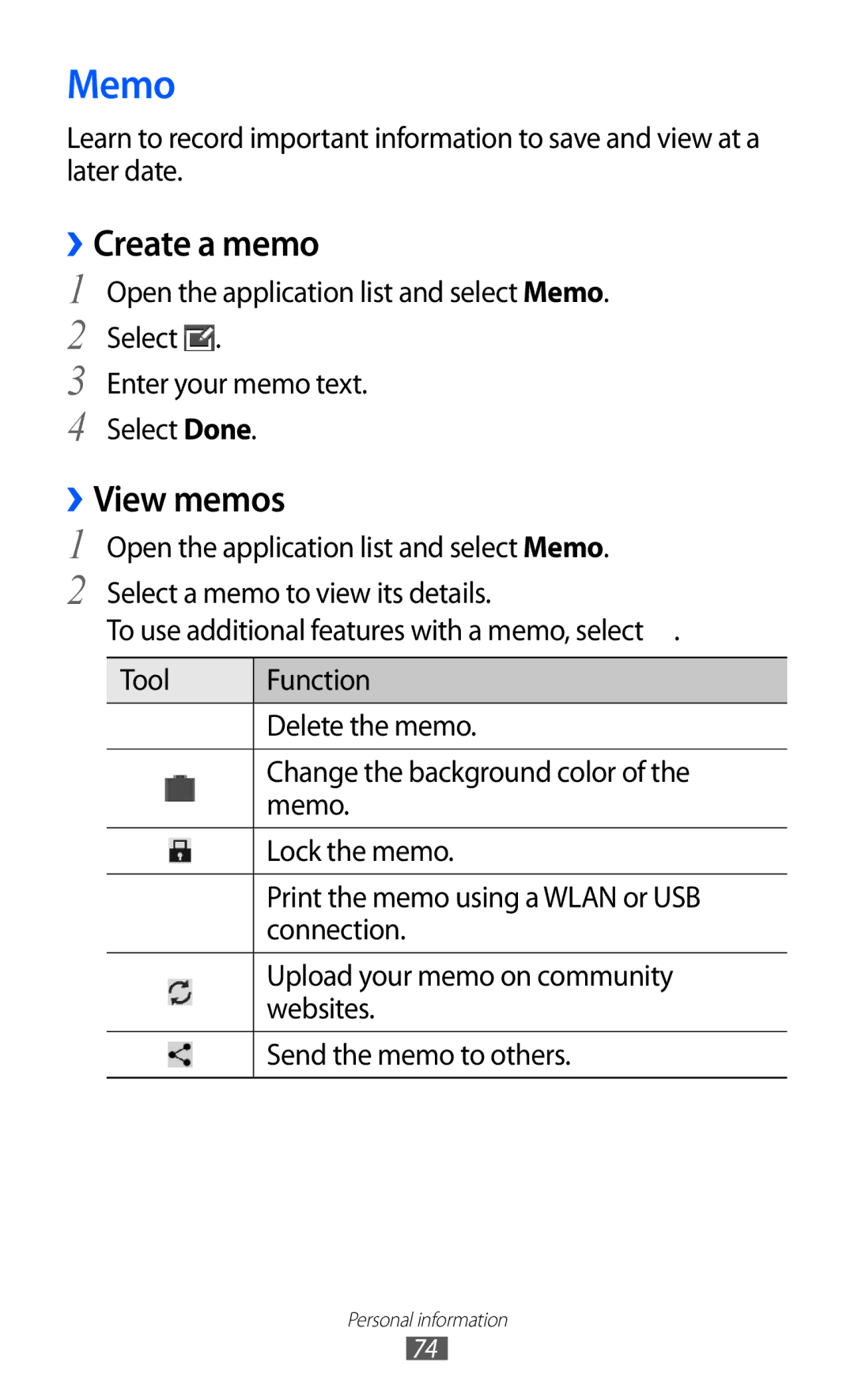 Samsung GT-P7310FKAILO, GT-P7310FKEKSA, GT-P7310FKAKSA, GT-P7310FKEJED, GT-P7310UWAKSA Memo, ››Create a memo, ››View memos 