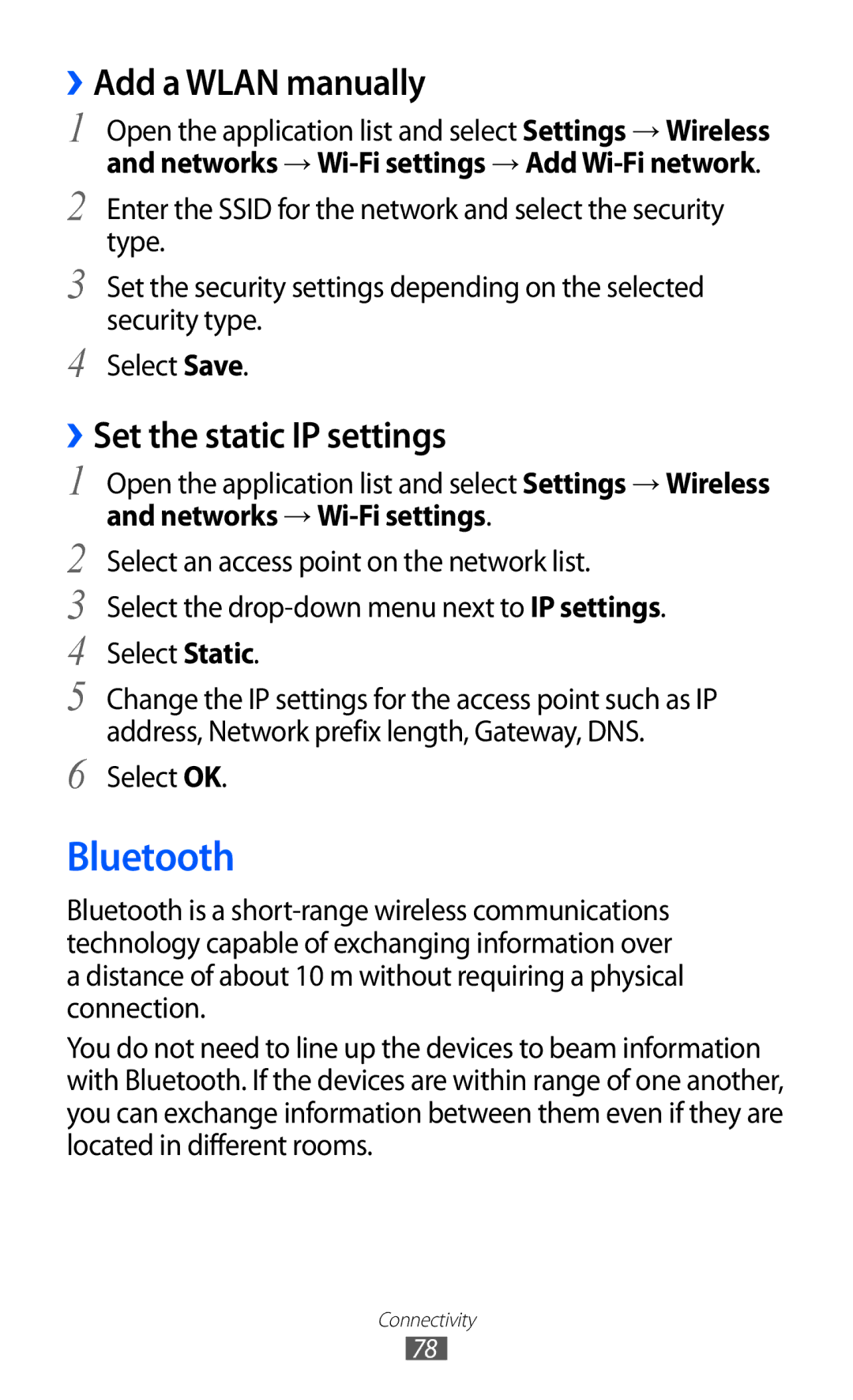 Samsung GT-P7310FKEJED, GT-P7310FKEKSA, GT-P7310FKAKSA Bluetooth, ››Add a Wlan manually, ››Set the static IP settings 