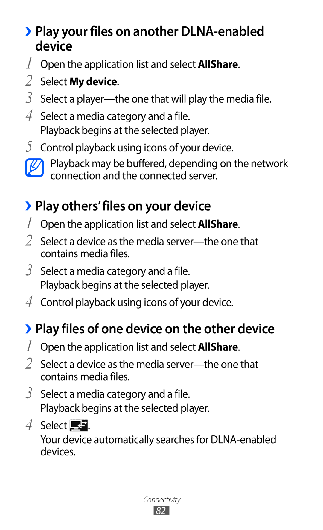 Samsung GT-P7310UWAABS manual ››Play your files on another DLNA-enabled device, ››Play others’files on your device 