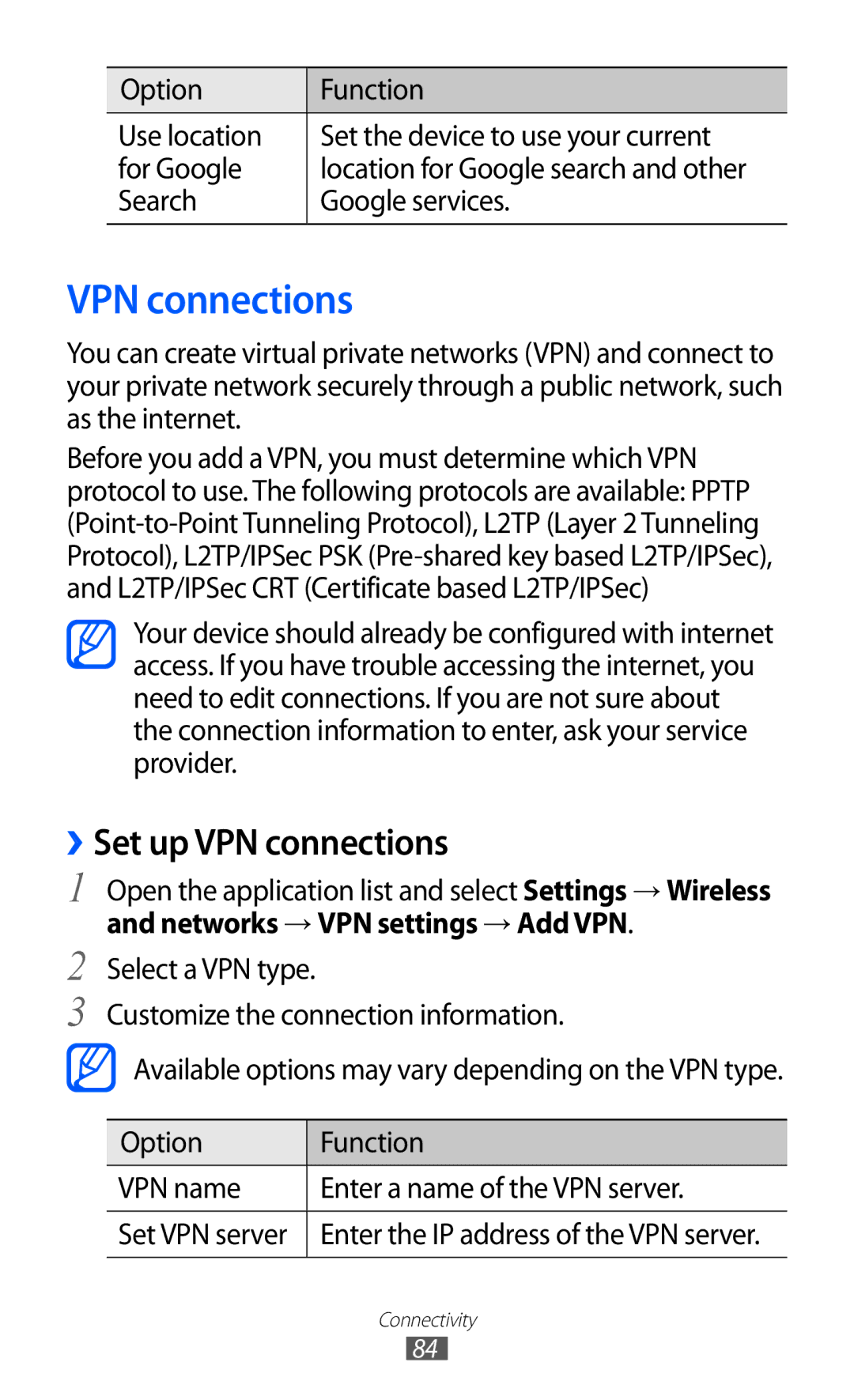 Samsung GT-P7310FKASAC, GT-P7310FKEKSA, GT-P7310FKAKSA, GT-P7310FKEJED, GT-P7310UWAKSA manual ››Set up VPN connections 