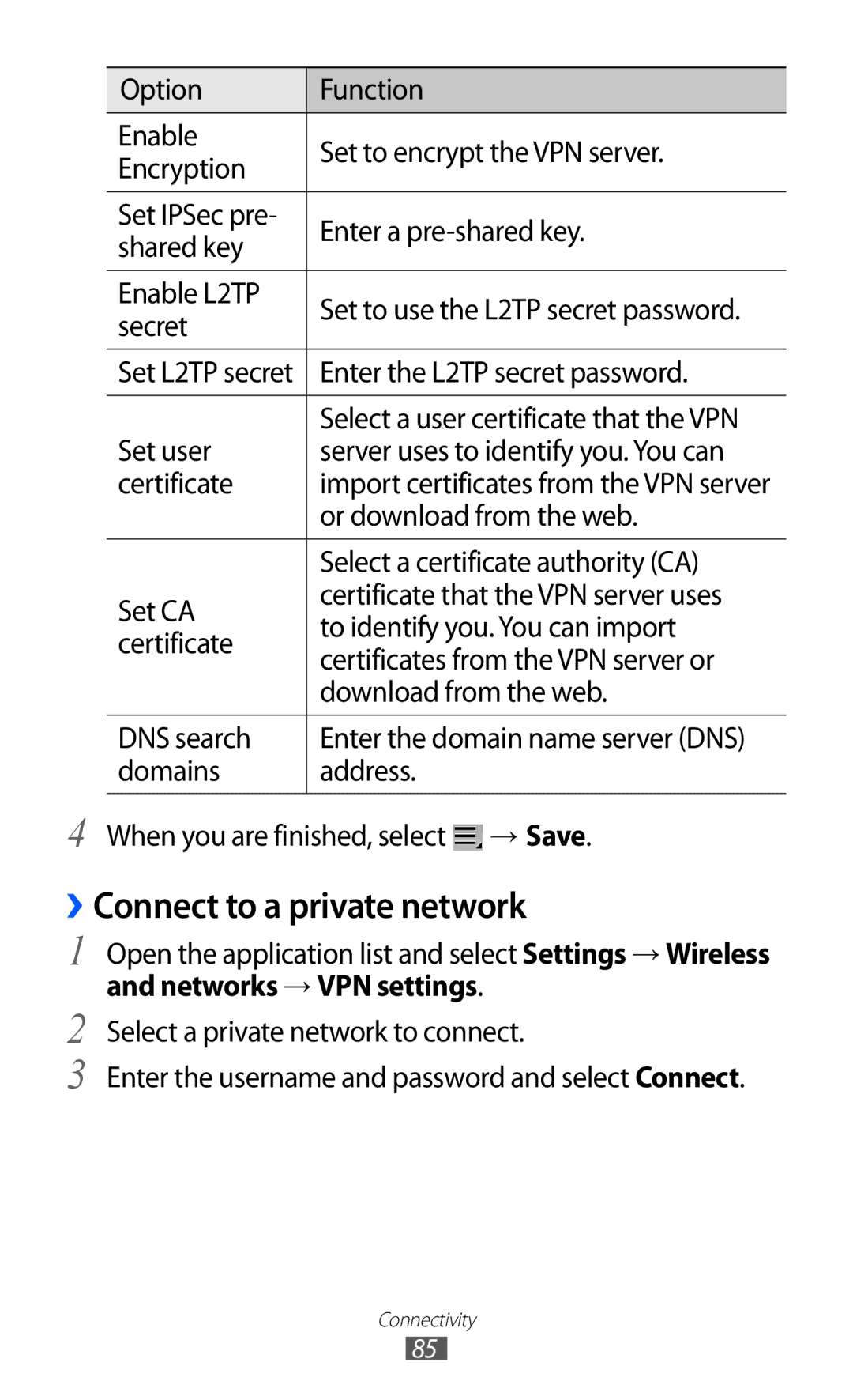 Samsung GT-P7310UWAXSG, GT-P7310FKEKSA, GT-P7310FKAKSA manual ››Connect to a private network, Networks → VPN settings 