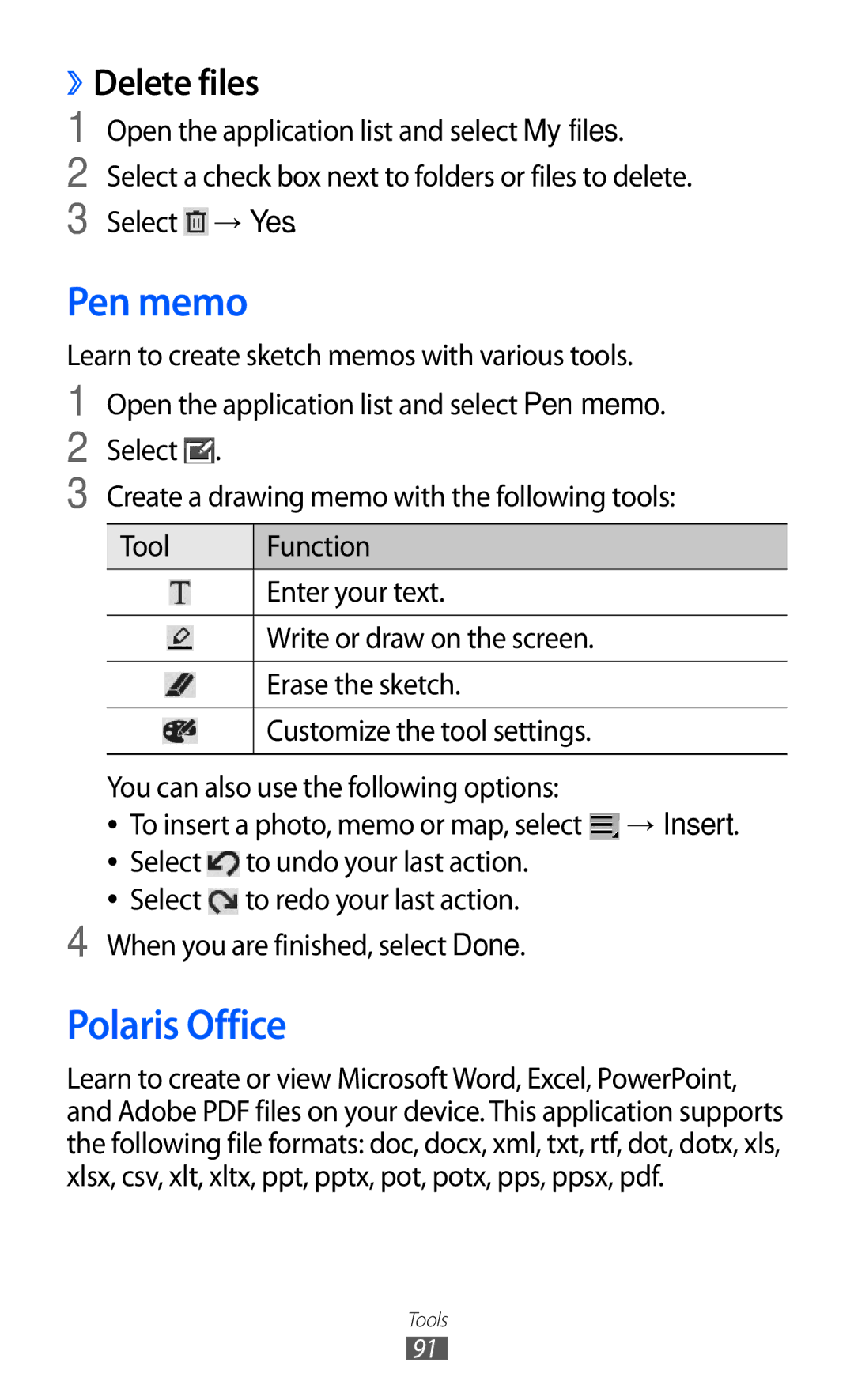 Samsung GT-P7310UWAXEV, GT-P7310FKEKSA, GT-P7310FKAKSA, GT-P7310FKEJED, GT-P7310UWAKSA Pen memo, Polaris Office, Delete files 