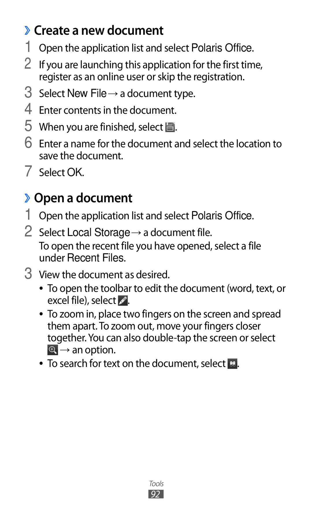 Samsung GT-P7310UWAXXV, GT-P7310FKEKSA, GT-P7310FKAKSA, GT-P7310FKEJED manual ››Create a new document, ››Open a document 