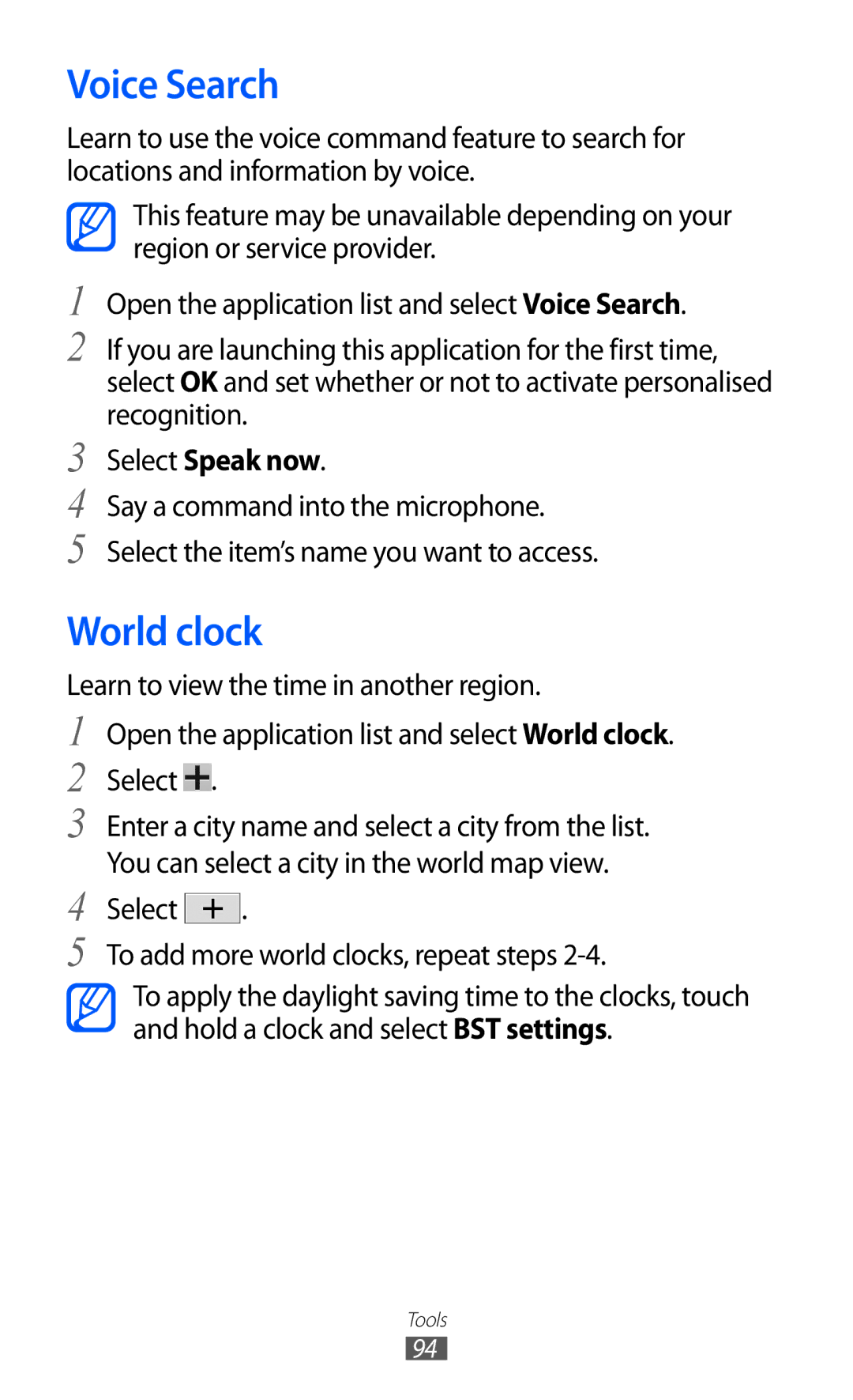 Samsung GT-P7310UWAILO, GT-P7310FKEKSA, GT-P7310FKAKSA, GT-P7310FKEJED manual Voice Search, World clock, Select Speak now 