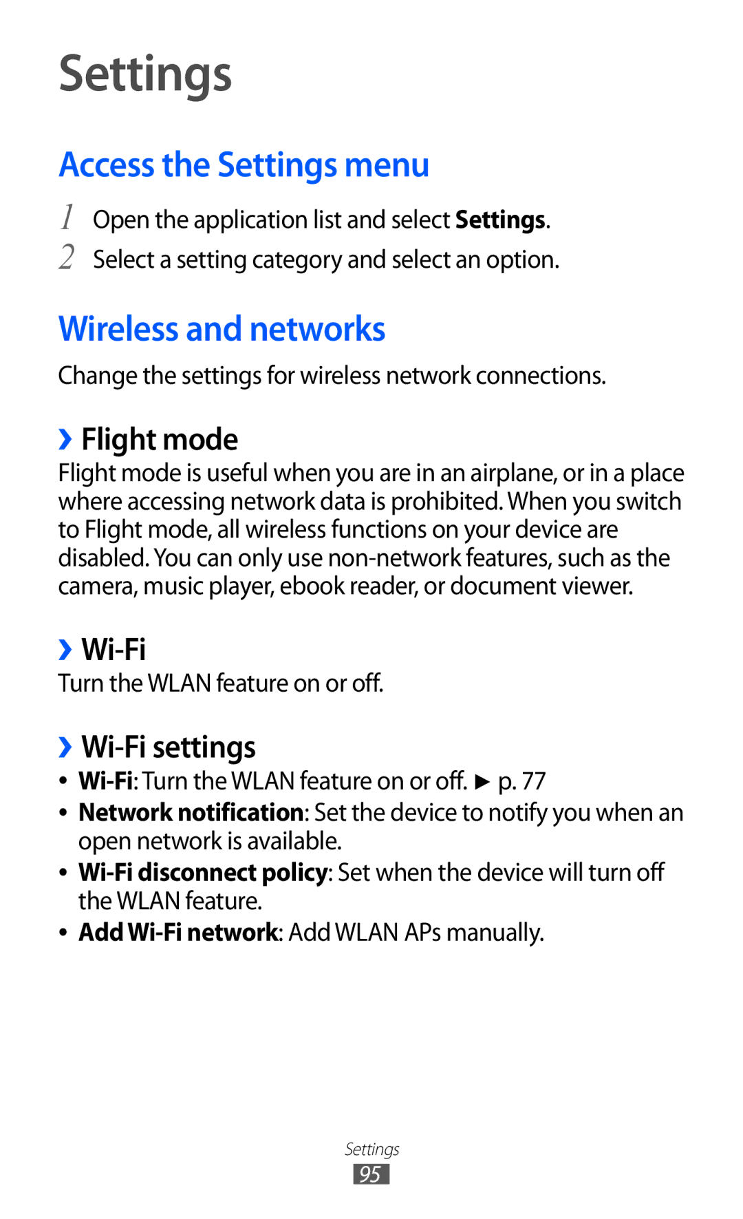 Samsung GT-P7310FKEKSA, GT-P7310FKAKSA, GT-P7310FKEJED, GT-P7310UWAKSA Access the Settings menu, Wireless and networks 