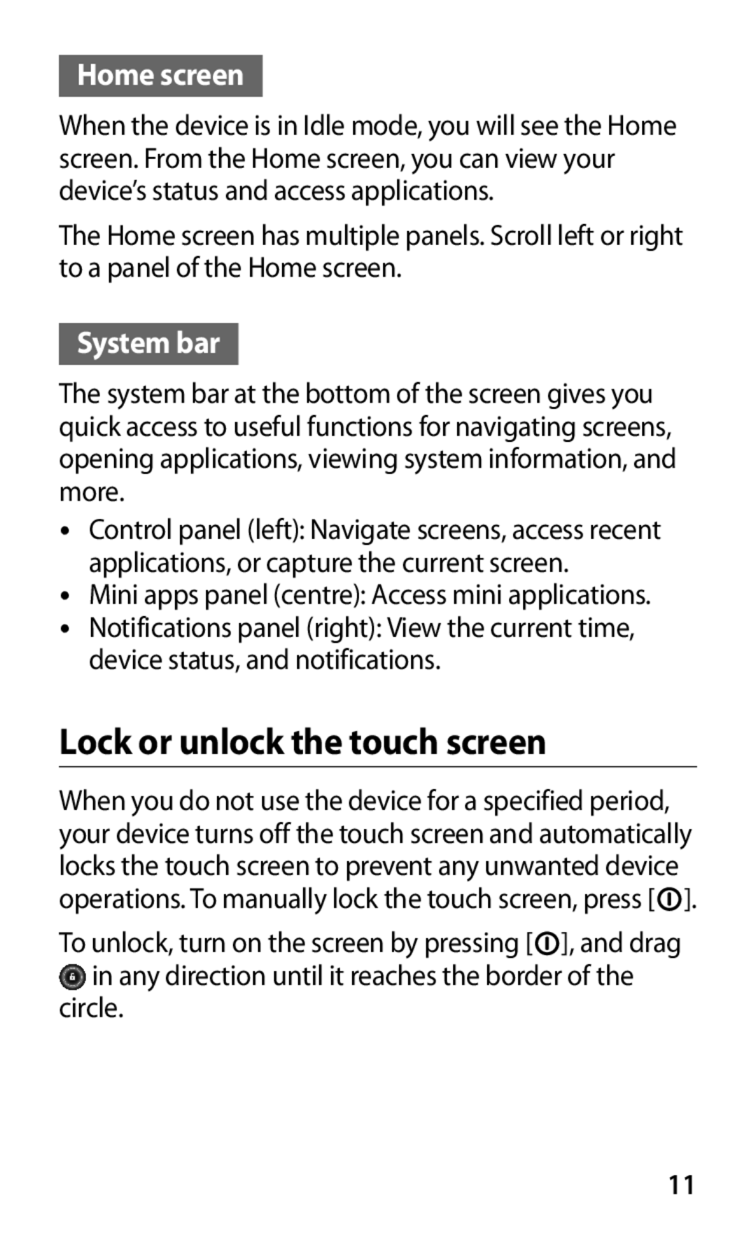 Samsung GT-P7310UWAXEV, GT-P7310FKEKSA, GT-P7310FKEJED, GT-P7310FKAJED manual Lock or unlock the touch screen, Home screen 