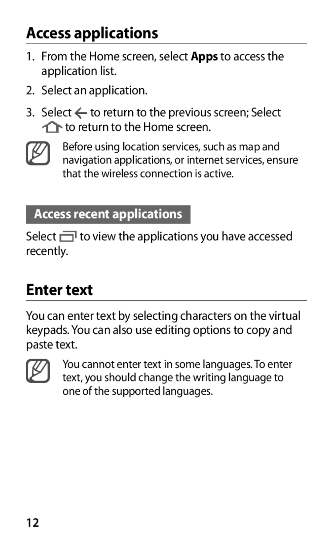 Samsung GT-P7310UWAXXV, GT-P7310FKEKSA, GT-P7310FKEJED, GT-P7310FKAJED, GT-P7310FKATMC manual Access applications, Enter text 