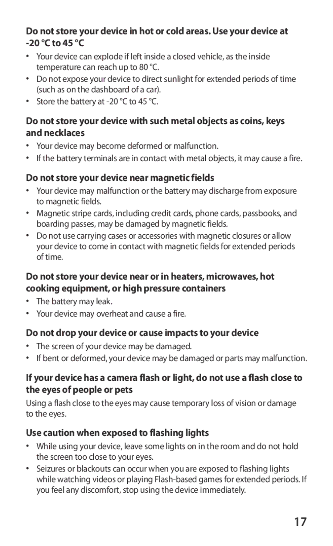 Samsung GT-P7310FKATMC manual Do not store your device near magnetic fields, Use caution when exposed to flashing lights 