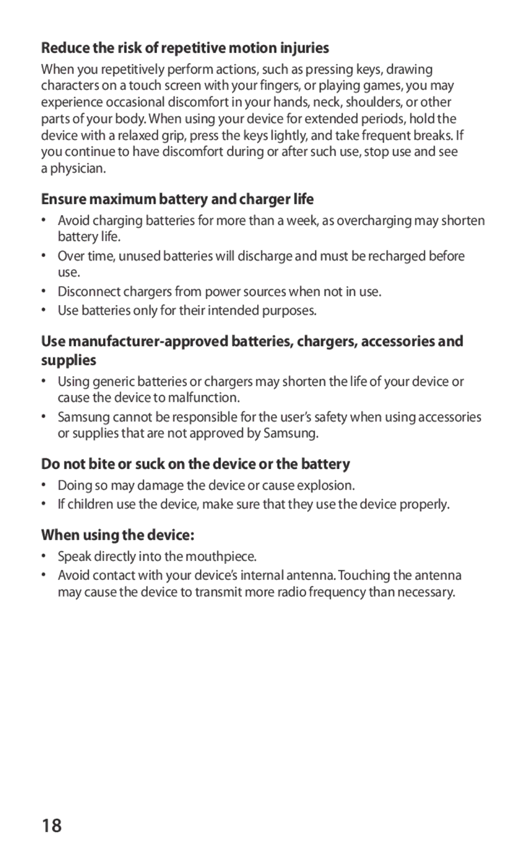 Samsung GT-P7310UWAABS manual Reduce the risk of repetitive motion injuries, Ensure maximum battery and charger life 