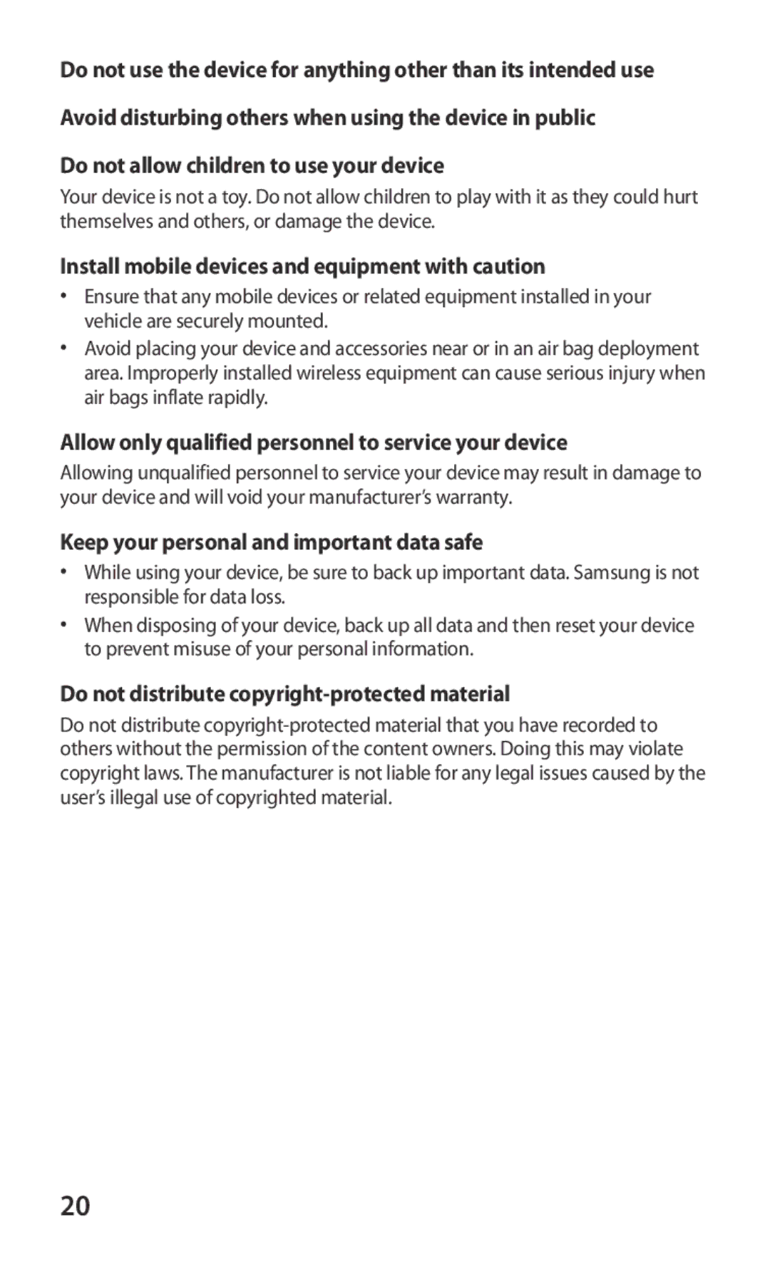 Samsung GT-P7310UWAXSG manual Do not allow children to use your device, Install mobile devices and equipment with caution 