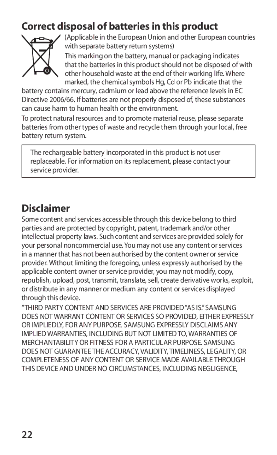 Samsung GT-P7310UWEJED, GT-P7310FKEKSA, GT-P7310FKEJED, GT-P7310FKAJED manual Correct disposal of batteries in this product 