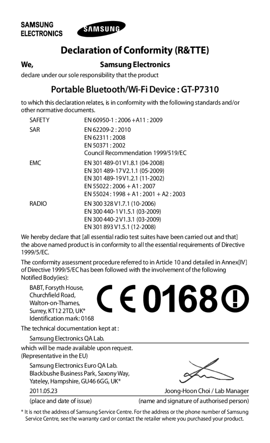 Samsung GT-P7310FKAXEV, GT-P7310FKEKSA, GT-P7310FKEJED, GT-P7310FKAJED manual Portable Bluetooth/Wi-Fi Device GT-P7310 