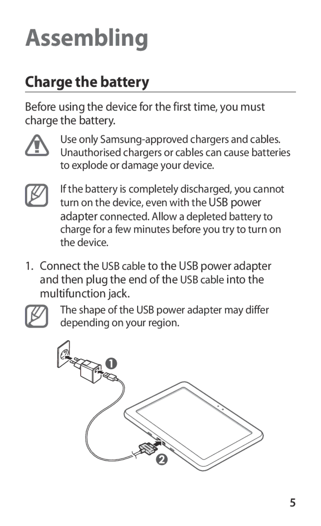 Samsung GT-P7310UWAXSG, GT-P7310FKEKSA, GT-P7310FKEJED, GT-P7310FKAJED, GT-P7310FKATMC manual Assembling, Charge the battery 