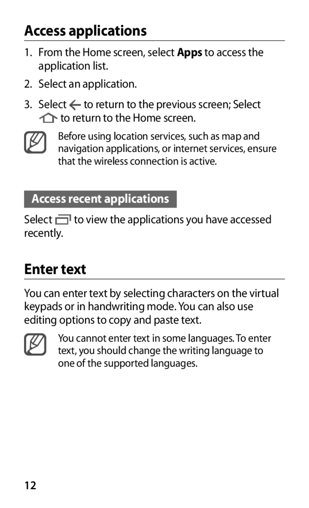 Samsung GT-P7310UWAXXV, GT-P7310FKEKSA, GT-P7310FKEJED, GT-P7310FKAJED, GT-P7310FKATMC manual Access applications, Enter text 