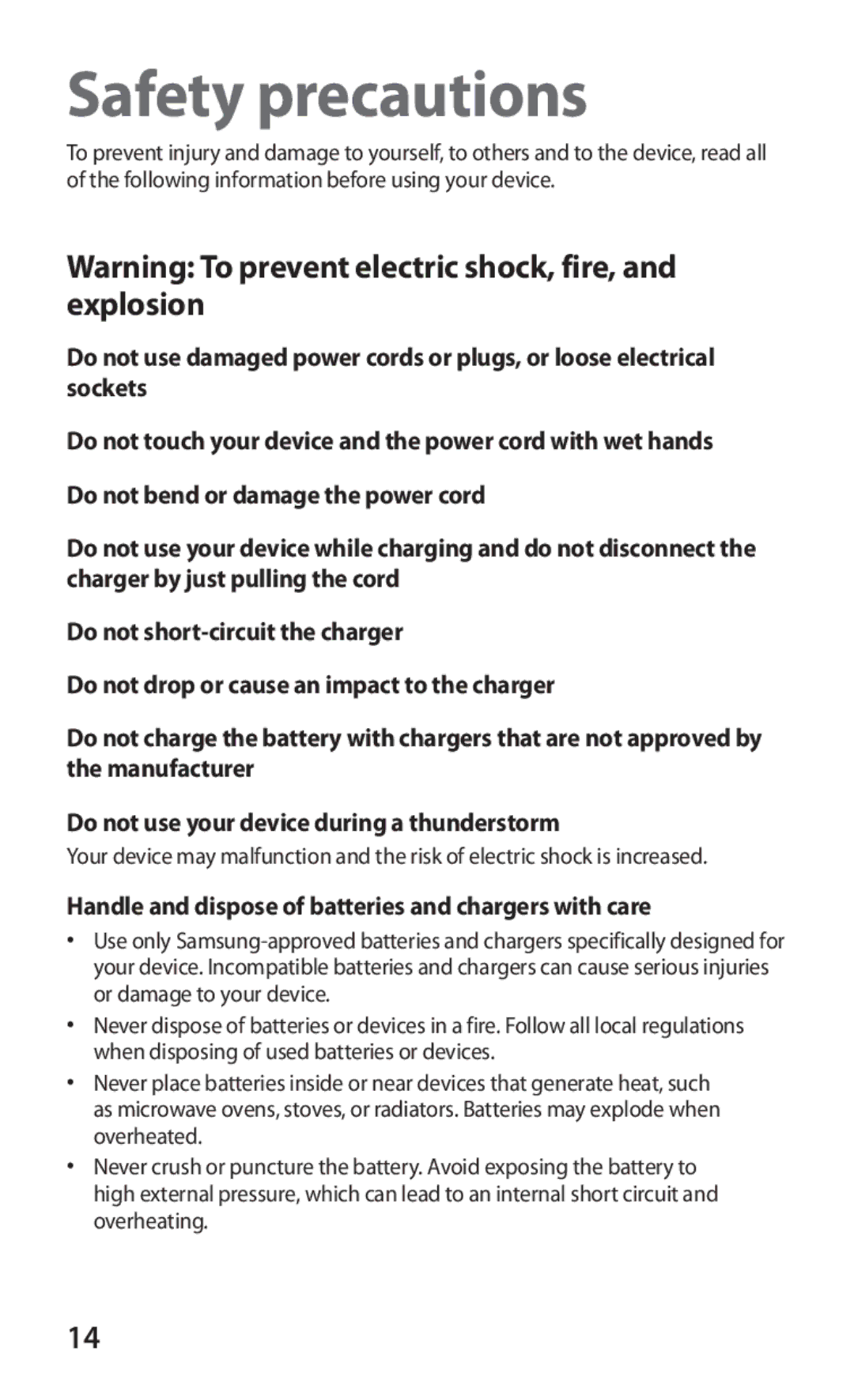 Samsung GT-P7310FKEKSA, GT-P7310FKEJED manual Safety precautions, Handle and dispose of batteries and chargers with care 