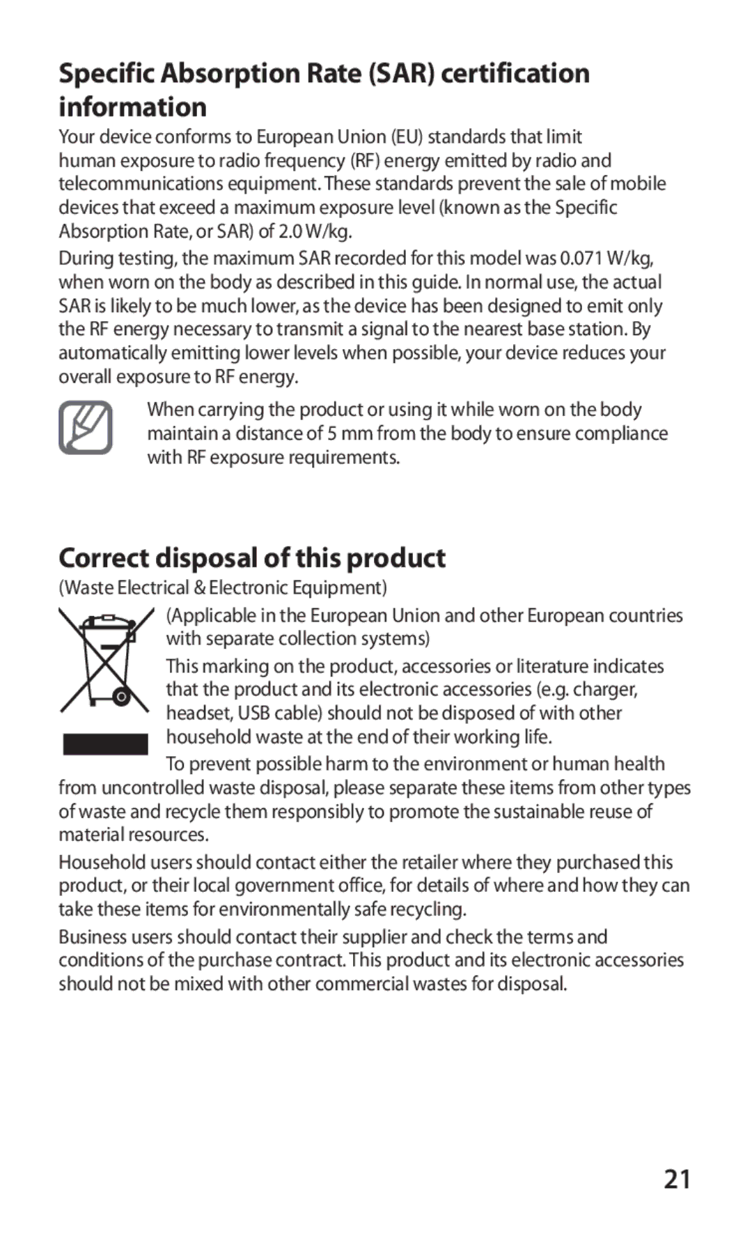 Samsung GT-P7310UWEKSA manual Specific Absorption Rate SAR certification information, Correct disposal of this product 