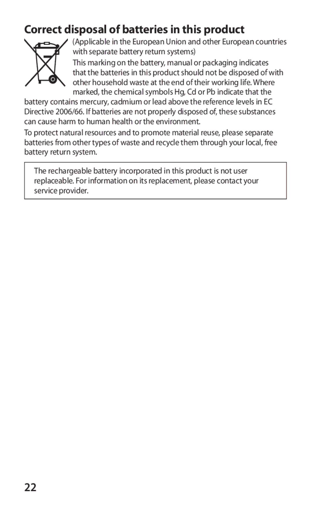 Samsung GT-P7310UWEJED, GT-P7310FKEKSA, GT-P7310FKEJED, GT-P7310FKAJED manual Correct disposal of batteries in this product 