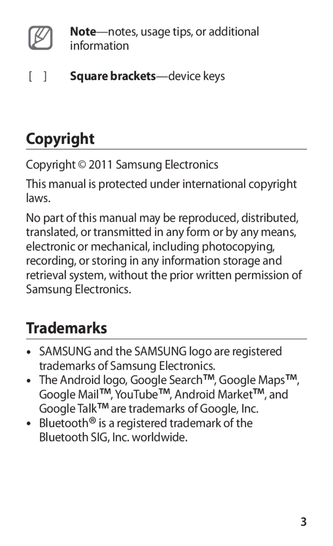 Samsung GT-P7310UWAABS, GT-P7310FKEKSA, GT-P7310FKEJED, GT-P7310FKAJED Copyright, Trademarks, Square brackets -device keys 