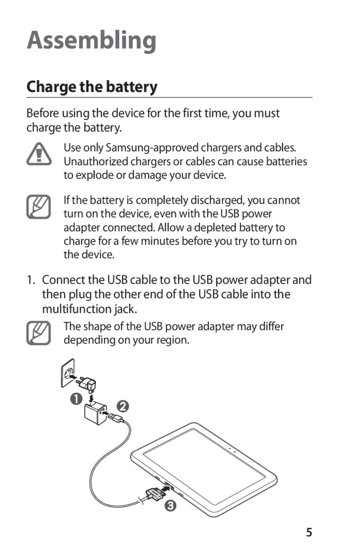 Samsung GT-P7310UWAXSG, GT-P7310FKEKSA, GT-P7310FKEJED, GT-P7310FKAJED, GT-P7310FKATMC manual Assembling, Charge the battery 