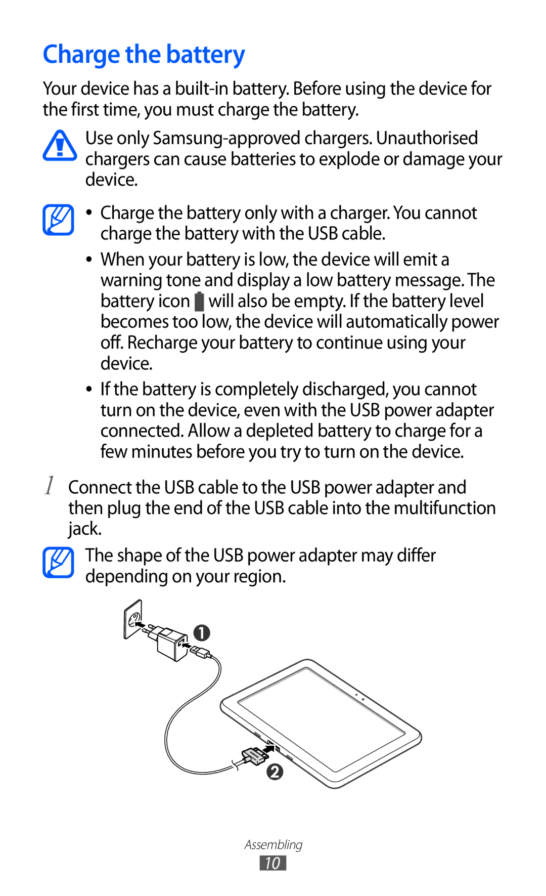 Samsung GT-P7310FKABGL, GT-P7310FKEXEF, GT-P7310UWEXEF, GT-P7310UWAXEF, GT-P7310FKAXEF, GT-P7310FKAITV manual Charge the battery 