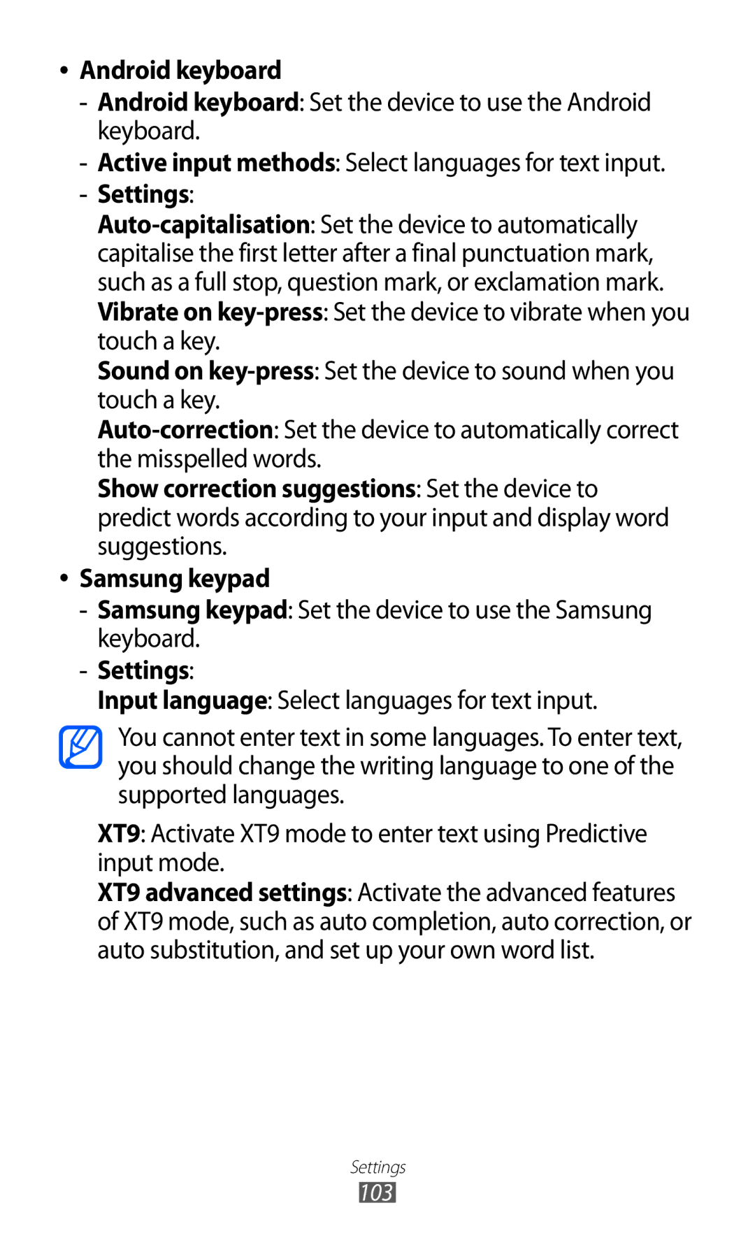 Samsung GT-P7310FKAAUT, GT-P7310FKEXEF, GT-P7310UWEXEF, GT-P7310UWAXEF, GT-P7310FKAXEF manual Android keyboard, Settings 