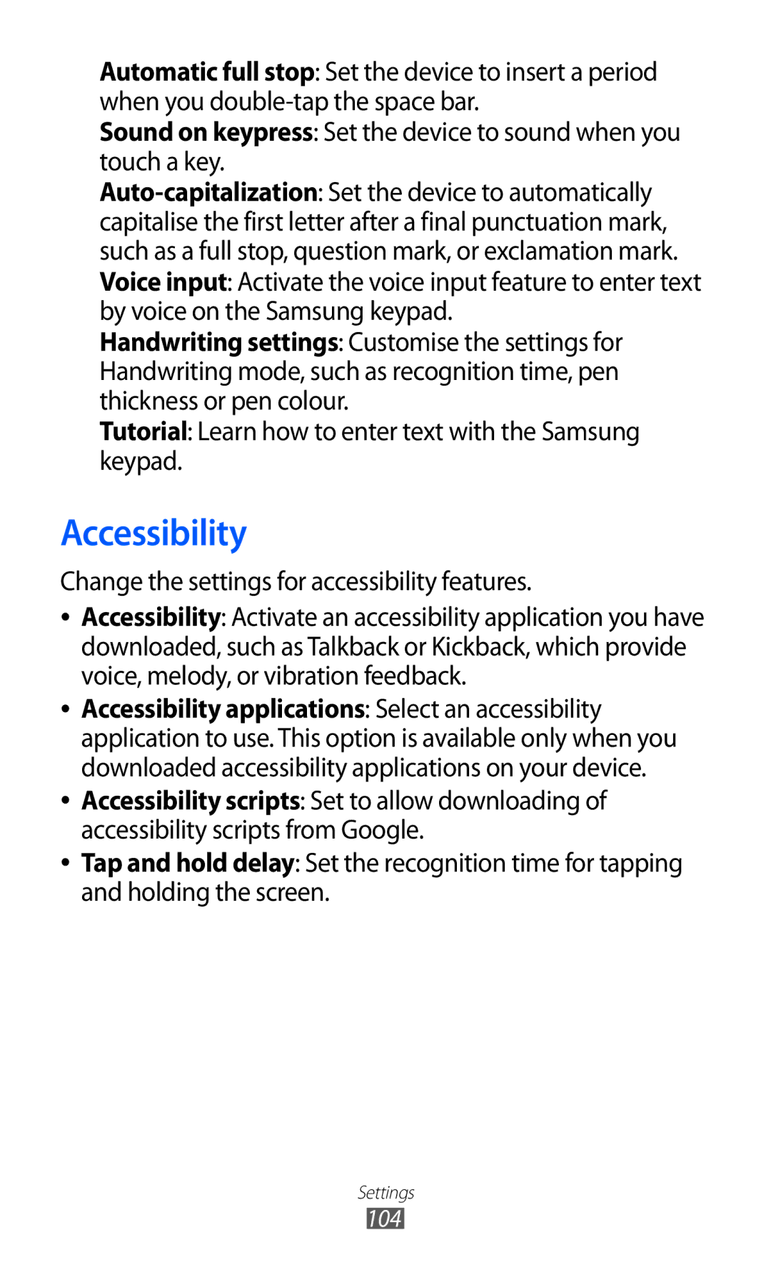 Samsung GT-P7310UWAXEZ, GT-P7310FKEXEF, GT-P7310UWEXEF, GT-P7310UWAXEF, GT-P7310FKAXEF, GT-P7310FKAITV manual Accessibility 