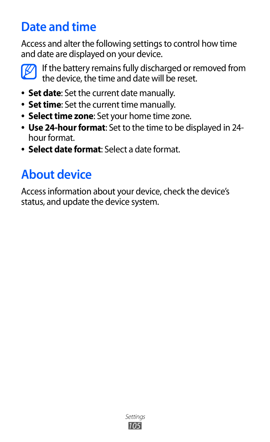 Samsung GT-P7310UWAXSK, GT-P7310FKEXEF, GT-P7310UWEXEF, GT-P7310UWAXEF, GT-P7310FKAXEF manual Date and time, About device 