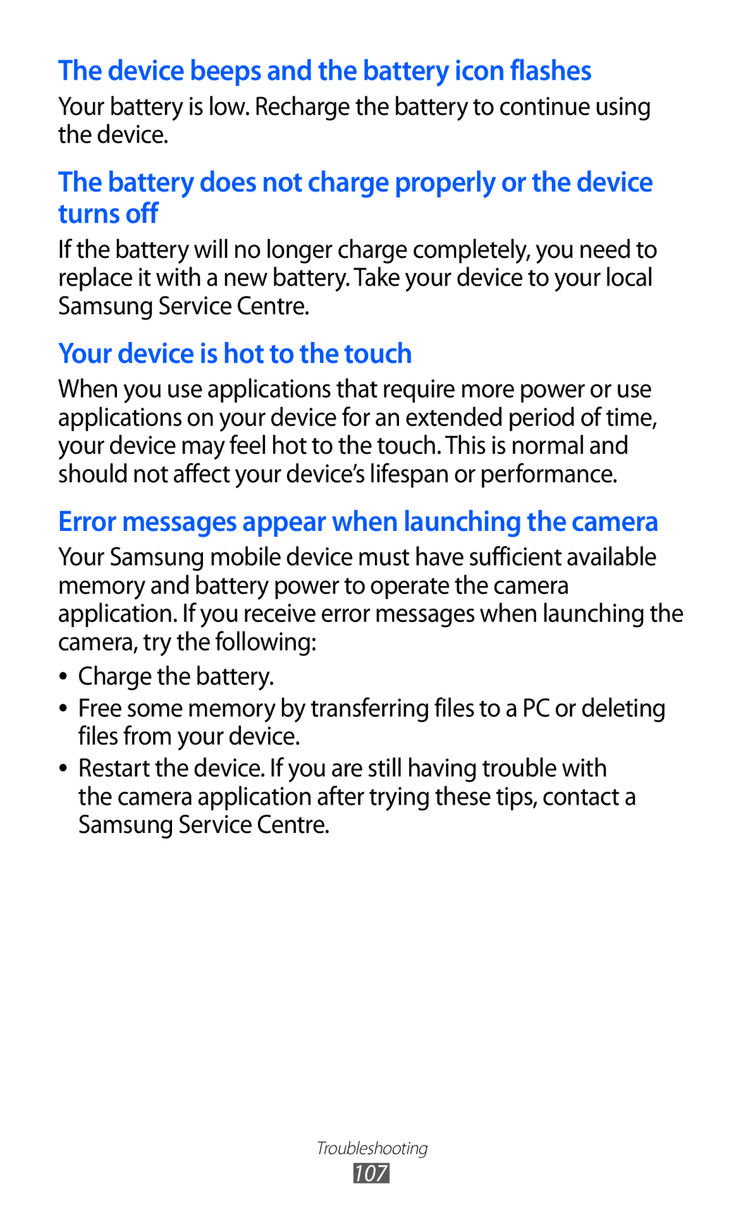 Samsung GT-P7310UWASER, GT-P7310FKEXEF, GT-P7310UWEXEF, GT-P7310UWAXEF manual Device beeps and the battery icon flashes 