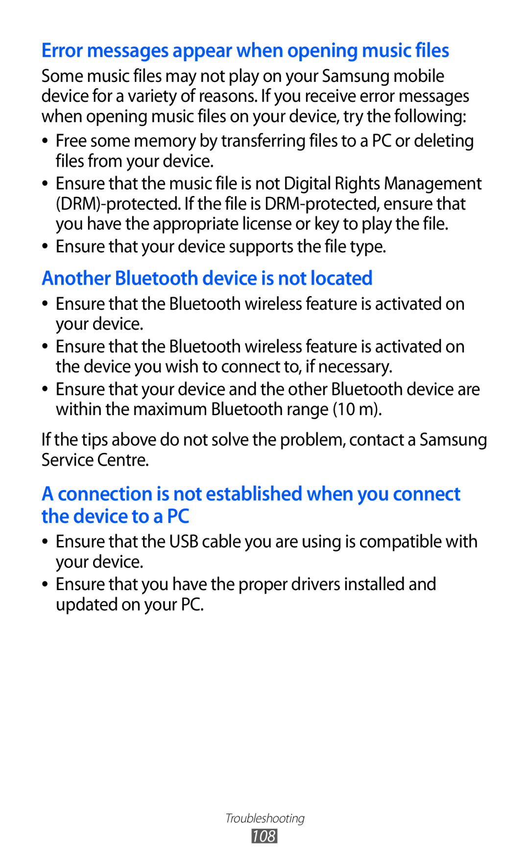 Samsung GT-P7310FKESER, GT-P7310FKEXEF, GT-P7310UWEXEF, GT-P7310UWAXEF manual Another Bluetooth device is not located 