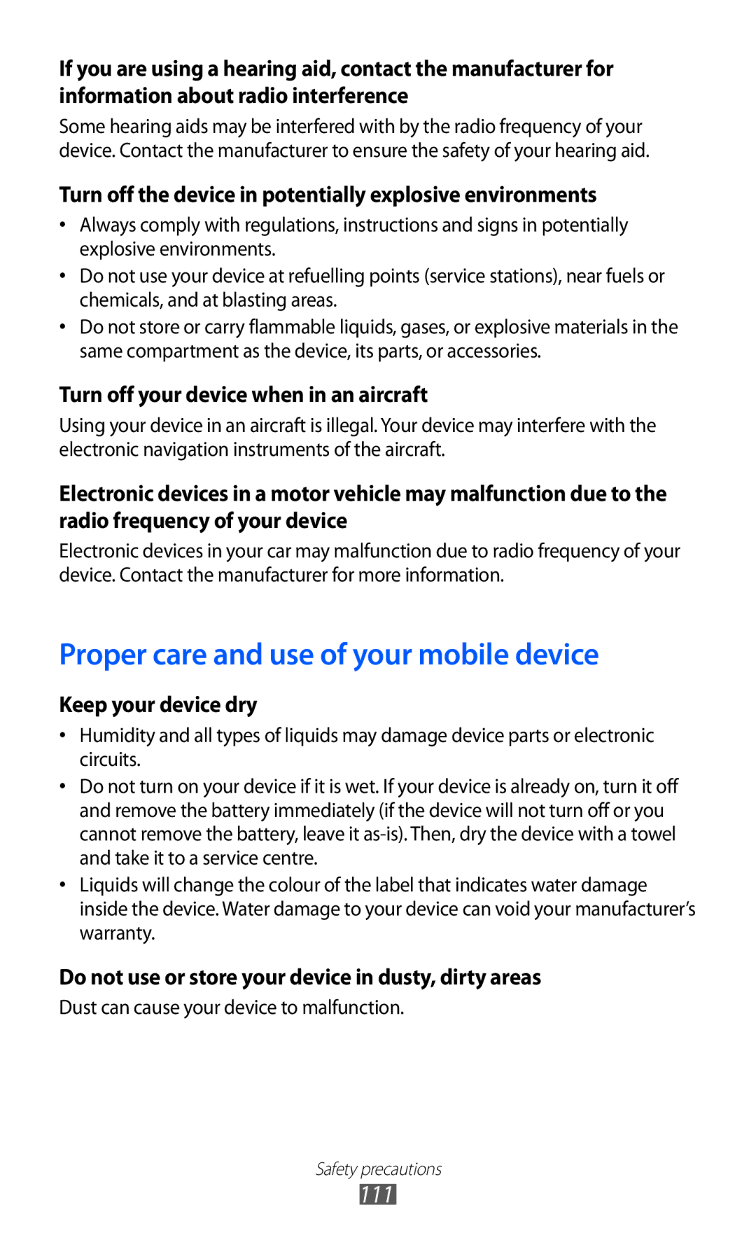 Samsung GT-P7310UWEXEF, GT-P7310FKEXEF, GT-P7310UWAXEF, GT-P7310FKAXEF manual Proper care and use of your mobile device 