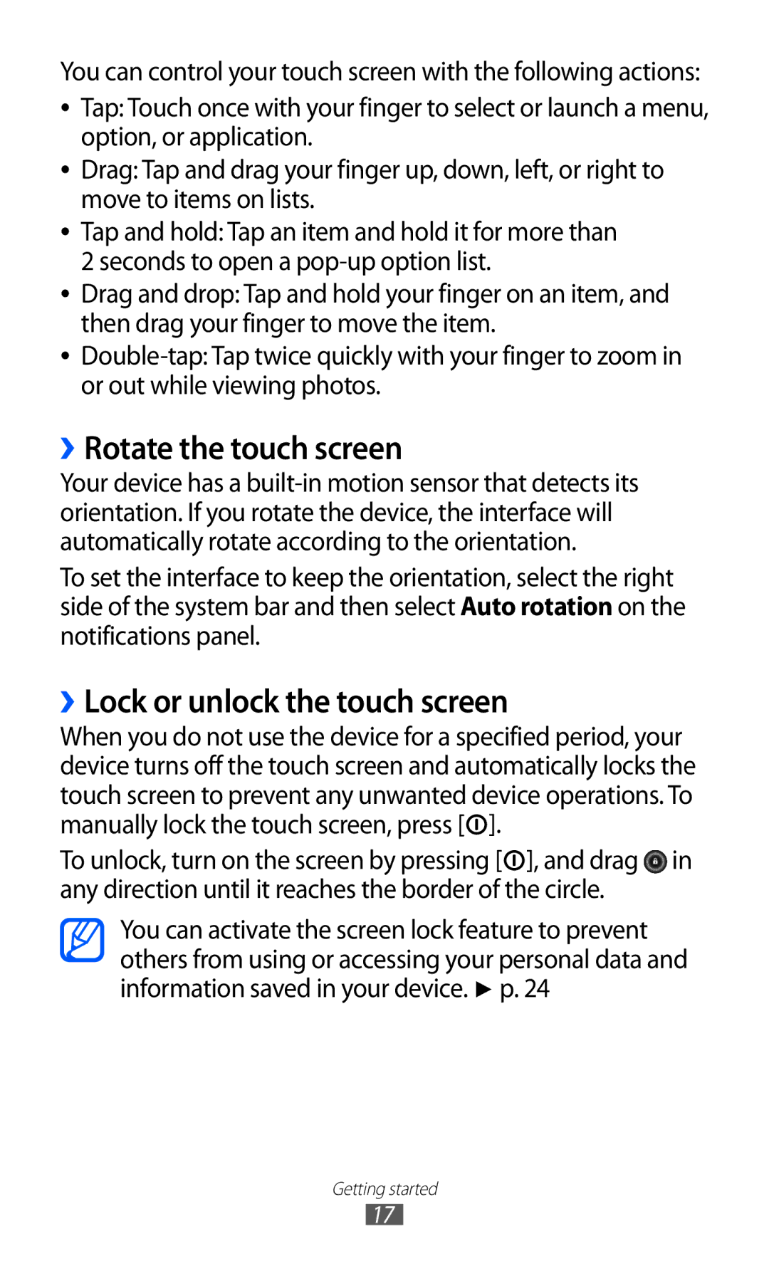 Samsung GT-P7310UWAXSK, GT-P7310FKEXEF, GT-P7310UWEXEF manual ››Rotate the touch screen, ››Lock or unlock the touch screen 