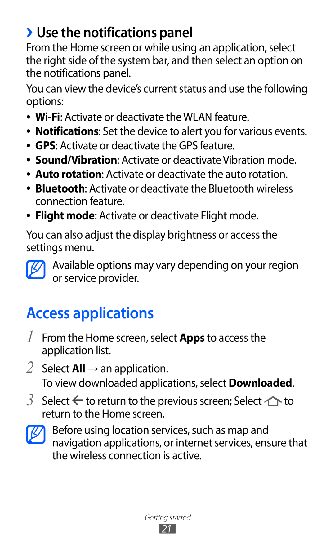 Samsung GT-P7310FKASER, GT-P7310FKEXEF, GT-P7310UWEXEF, GT-P7310UWAXEF Access applications, ››Use the notifications panel 