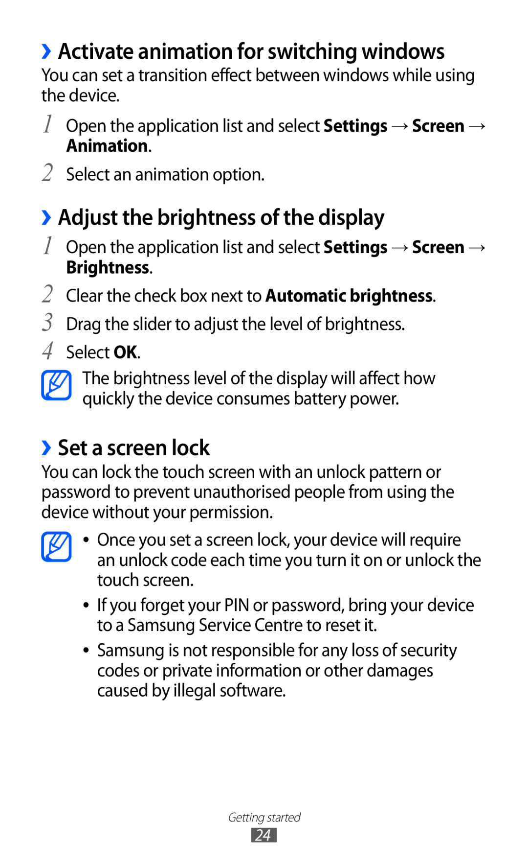 Samsung GT-P7310UWAXEF, GT-P7310FKEXEF ››Activate animation for switching windows, ››Adjust the brightness of the display 